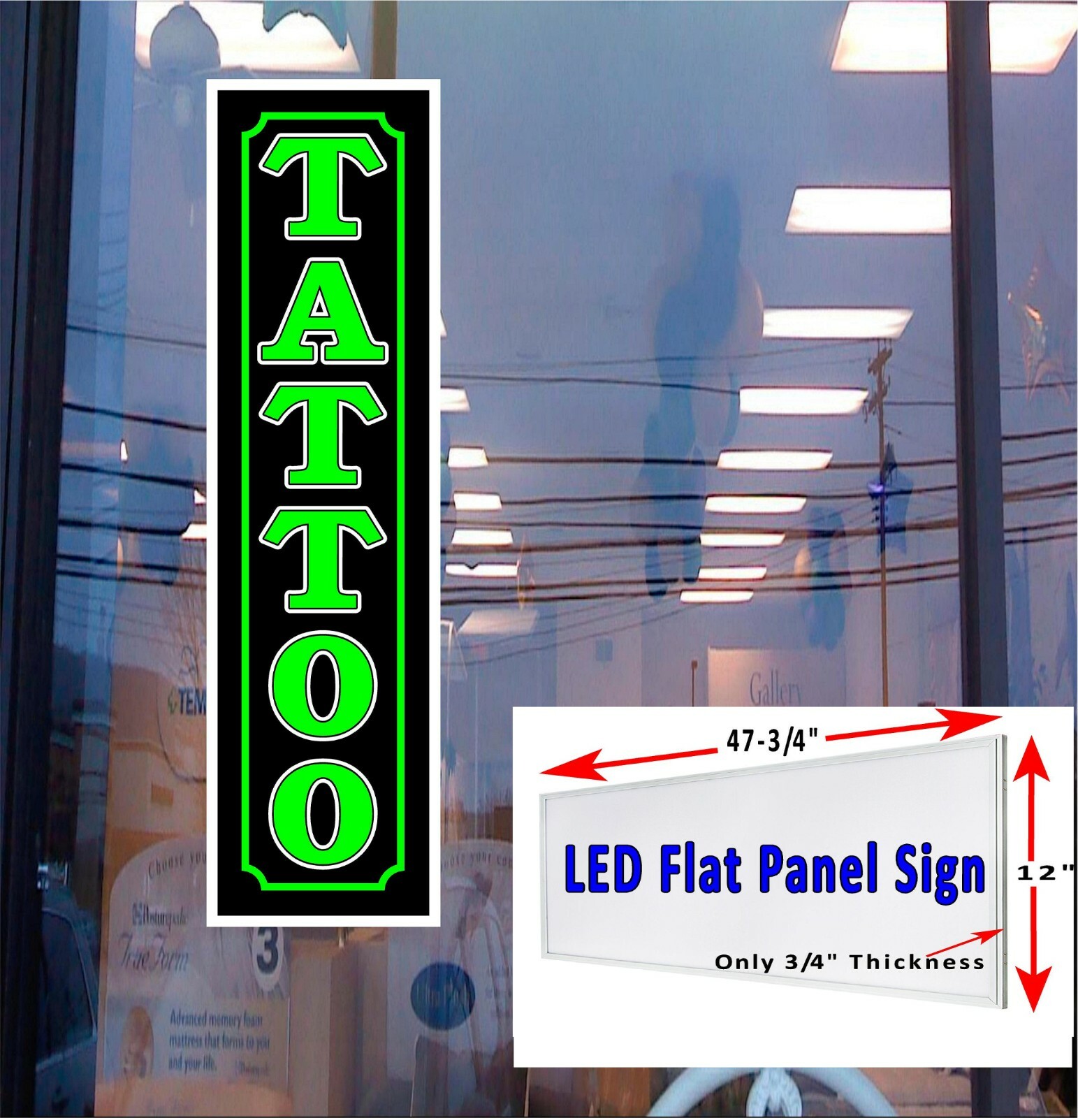 Tattoo LED panel Light box window sign 5 color choices 48″x12″