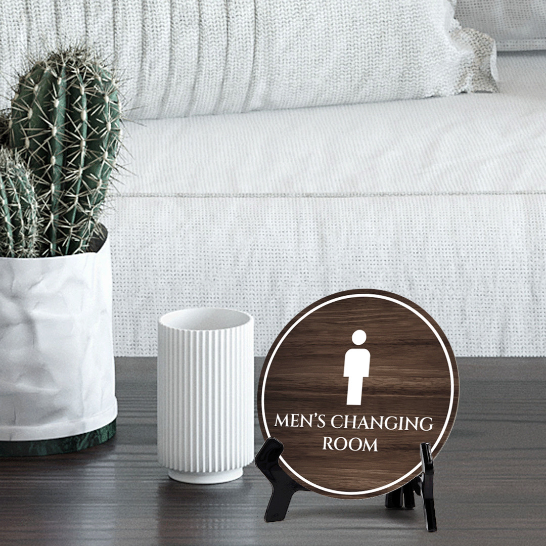 Men’s Changing Room Circle Table Sign with Acrylic Stand (5×5″)