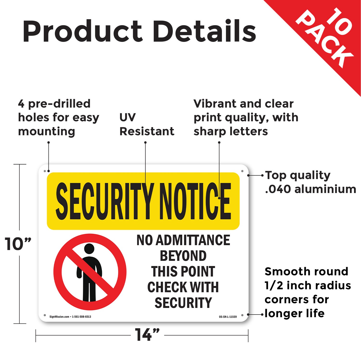 No Admittance Beyond This Point OSHA Security Notice Sign, Decal 5 or 10 Pack