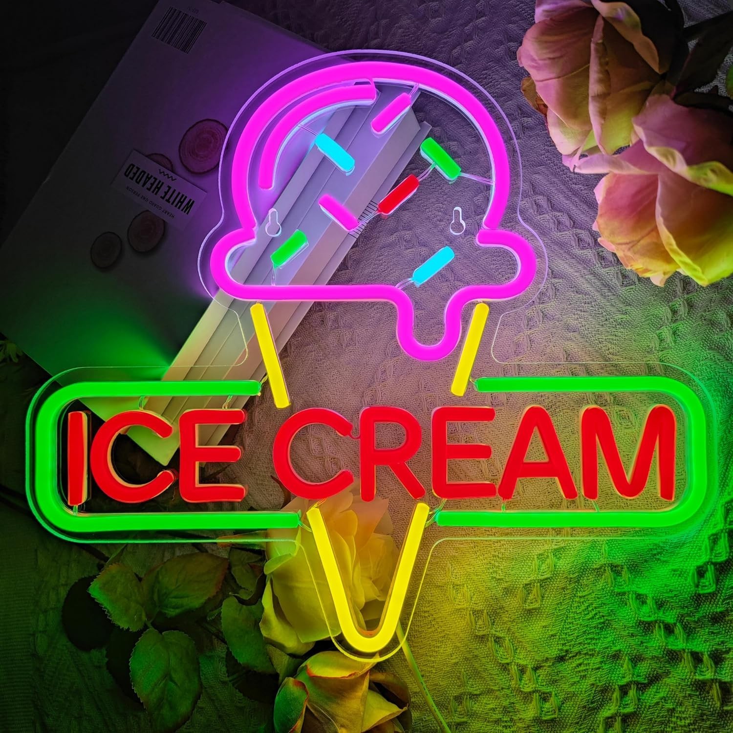 Ice Cream Neon Sign Light up Acrylic LED Lamp with USB Powered Ice Cream Lett…