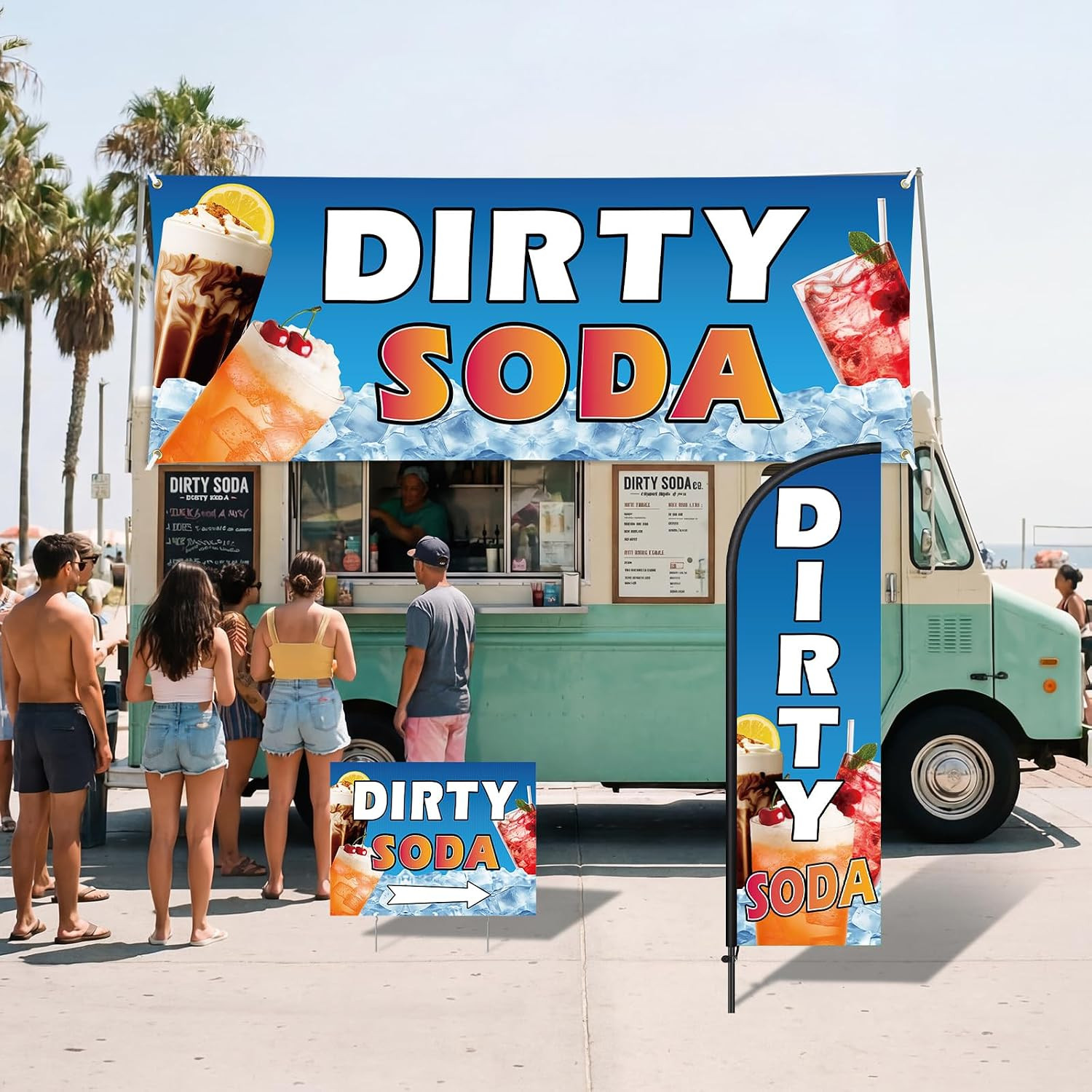 5 Pcs Dirty Soda Stand Decor Kit Swooper Feather Flag with Pole Yard Sign and Ba