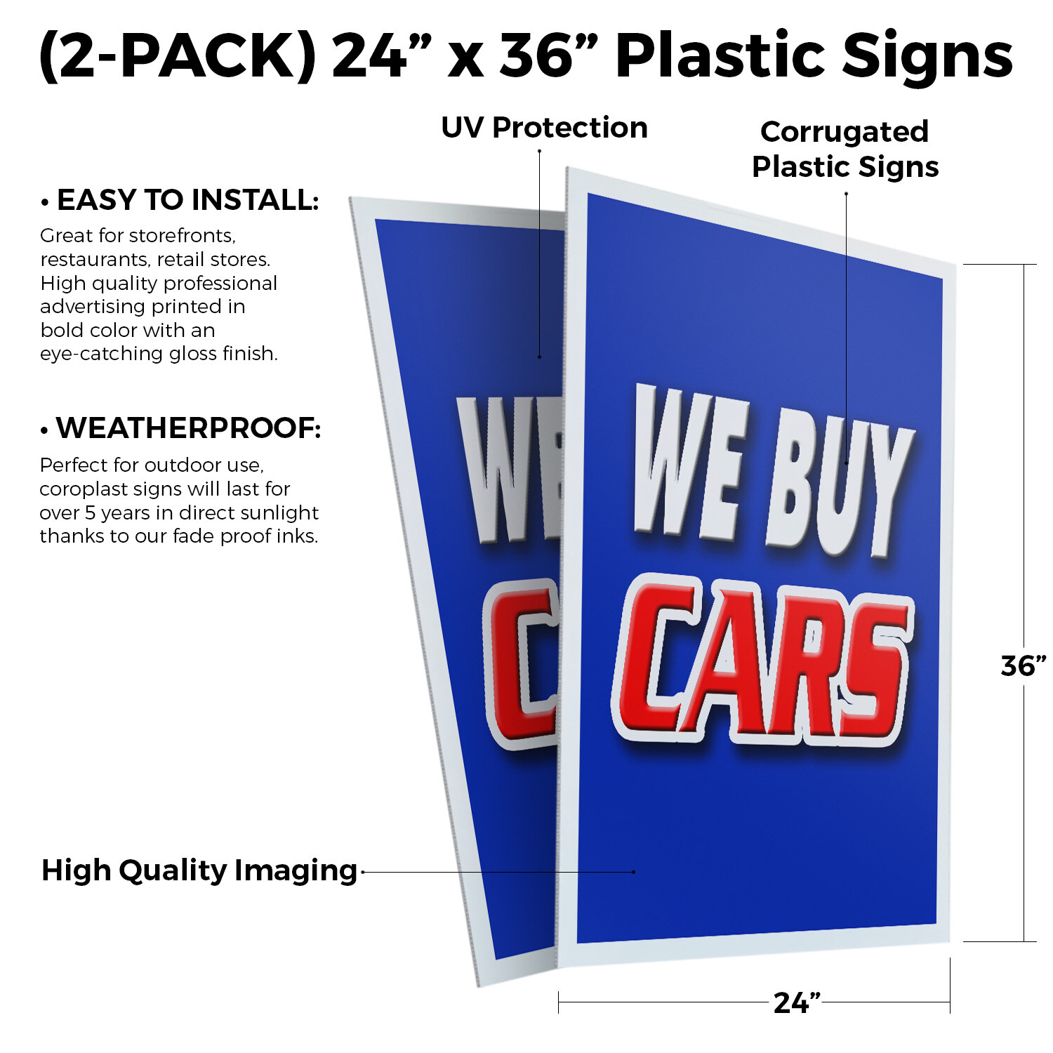 We Buy Cars 24″ x 36″ 2 Pack Of Store Sign Plastic Or Decal