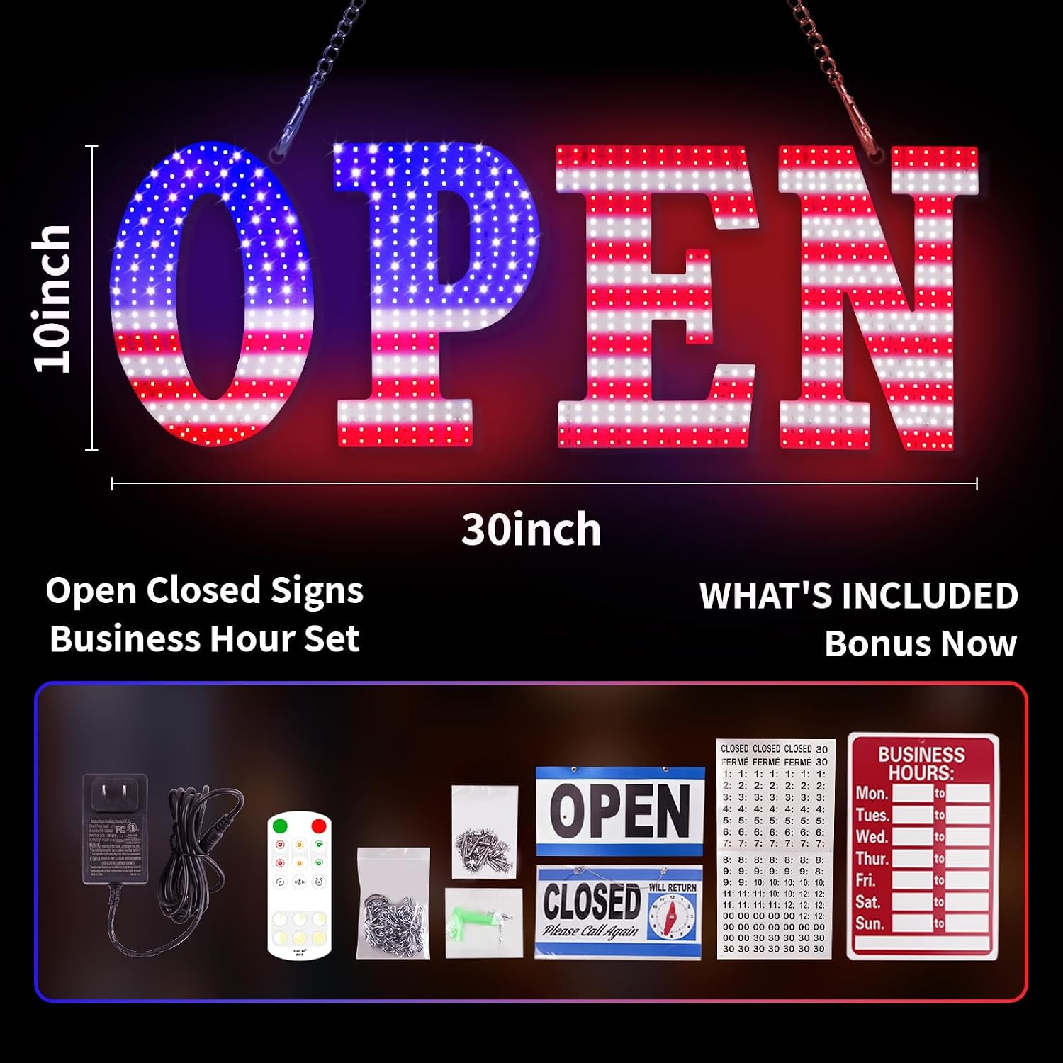 Hetaijie 30×10 LED Open Sign, 12 Modes, Adjustable Brightness