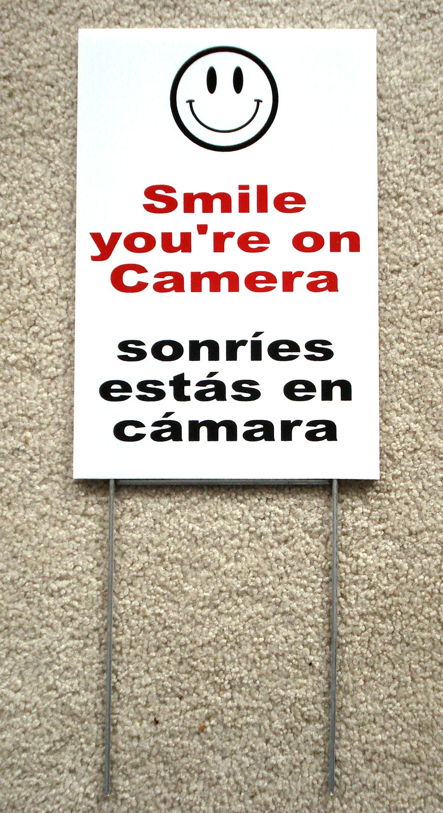 SMILE YOU’RE ON CAMERA SIGN 8″x12″ w/ Stake Security Surveillance Spanish