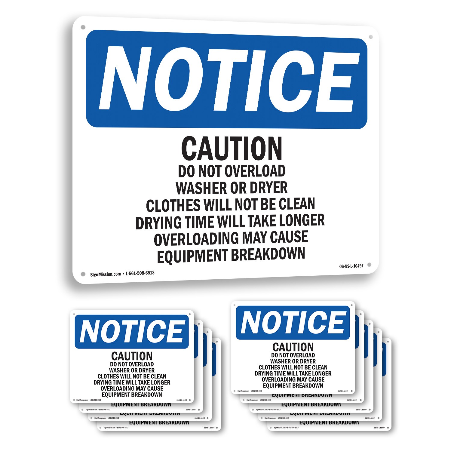 Caution Please Do Not Overload Washer Or OSHA Notice Sign, Decal 5 or 10 Pack