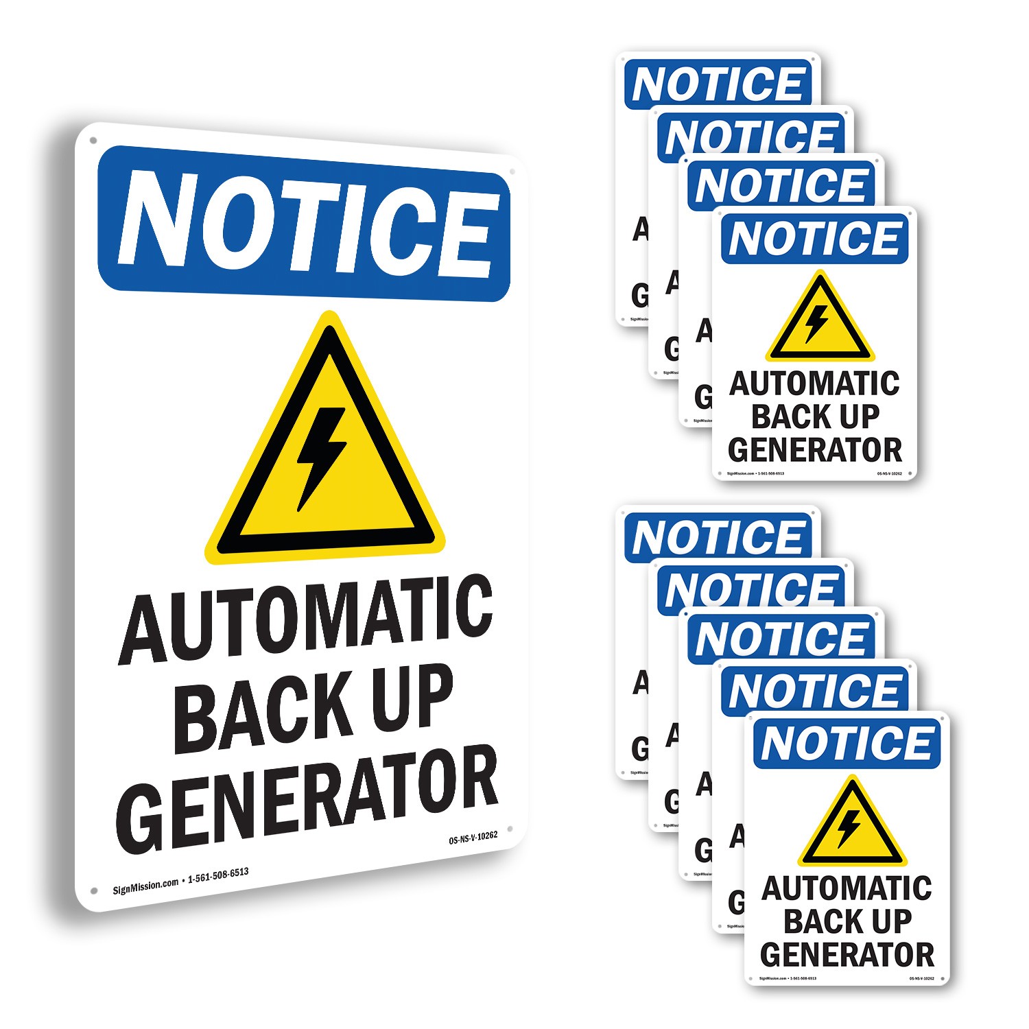 Automatic Back Up Generator OSHA Notice Sign Metal, Plastic, Decal 5 or 10 Pack