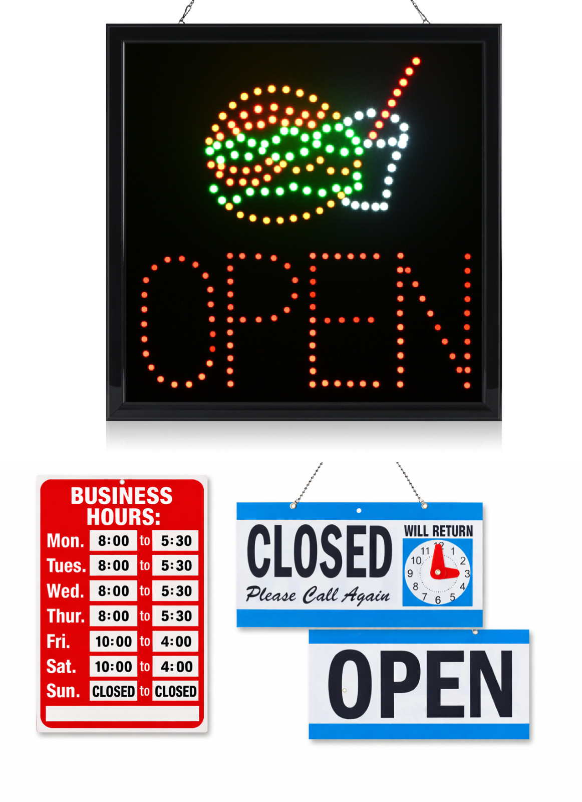 LED Neon Open Sign and Business Hour Sign Bundle for Business – Includes 3 Signs