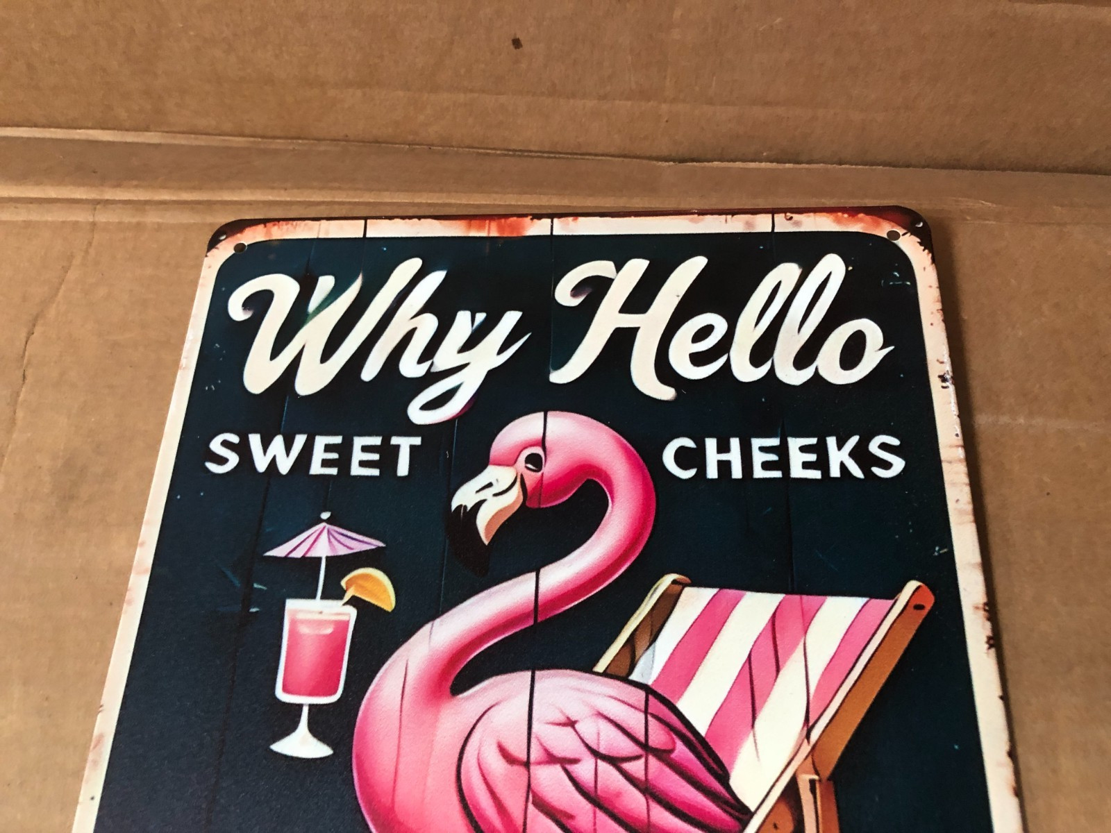 Why Hello Sweet Cheeks Flamingo Have A Seat 8×10 Tin Metal Sign