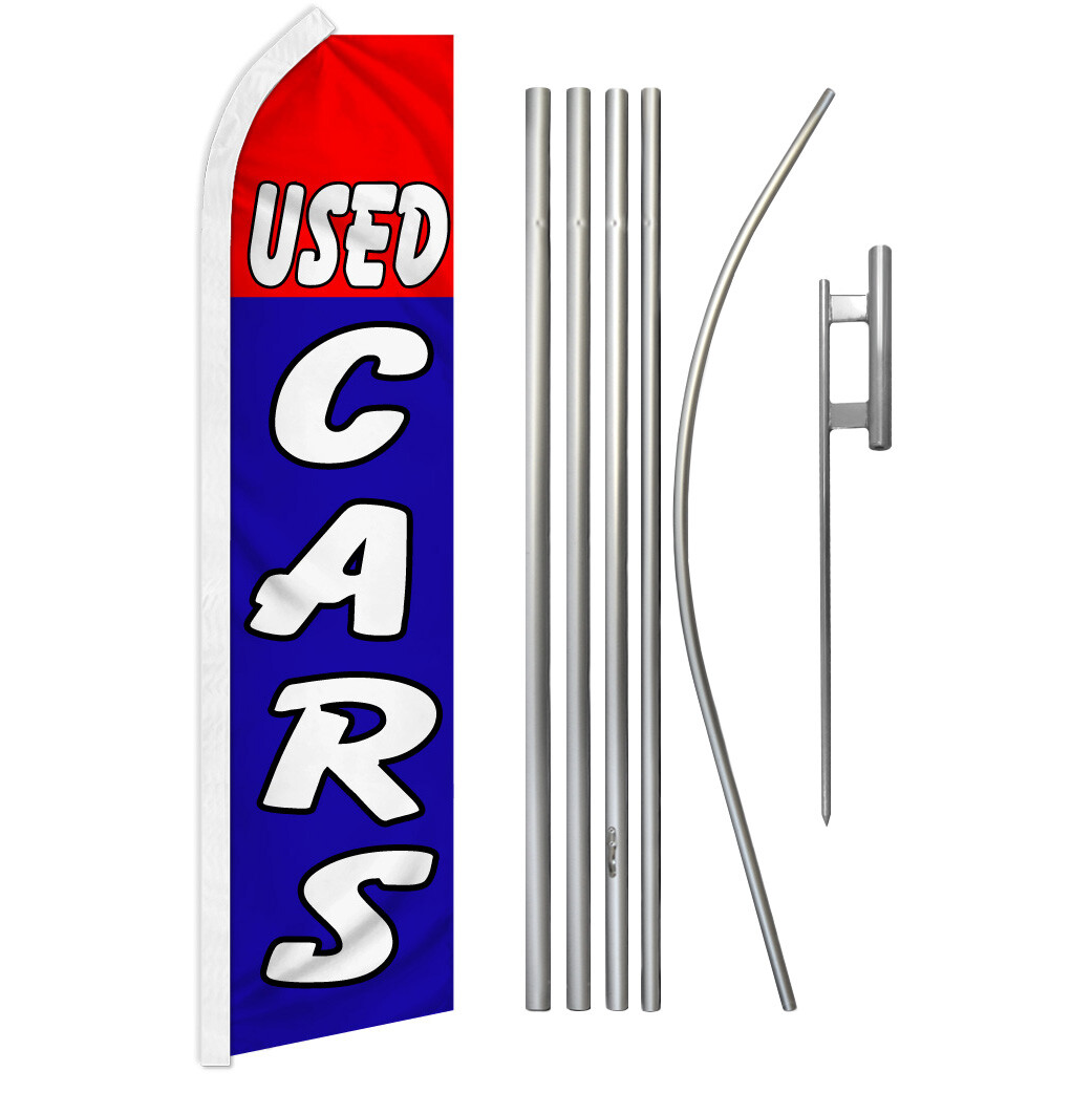 Used Cars Advertising Swooper Feather Flutter Flag & Pole Kit Dealership RD/BL