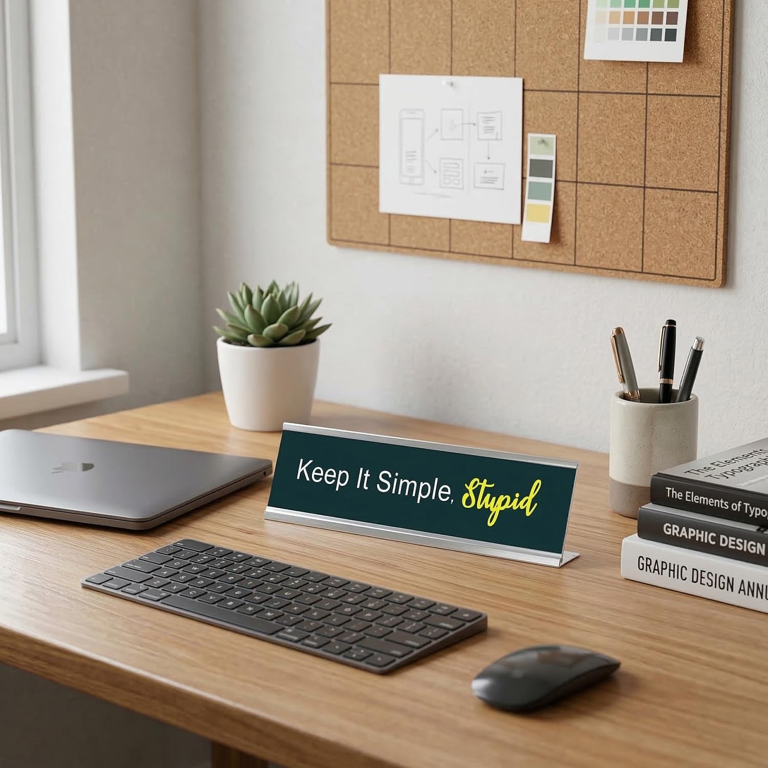 Keep it Simple, Stupid, Green Silver Frame, Desk Sign (2×8“)
