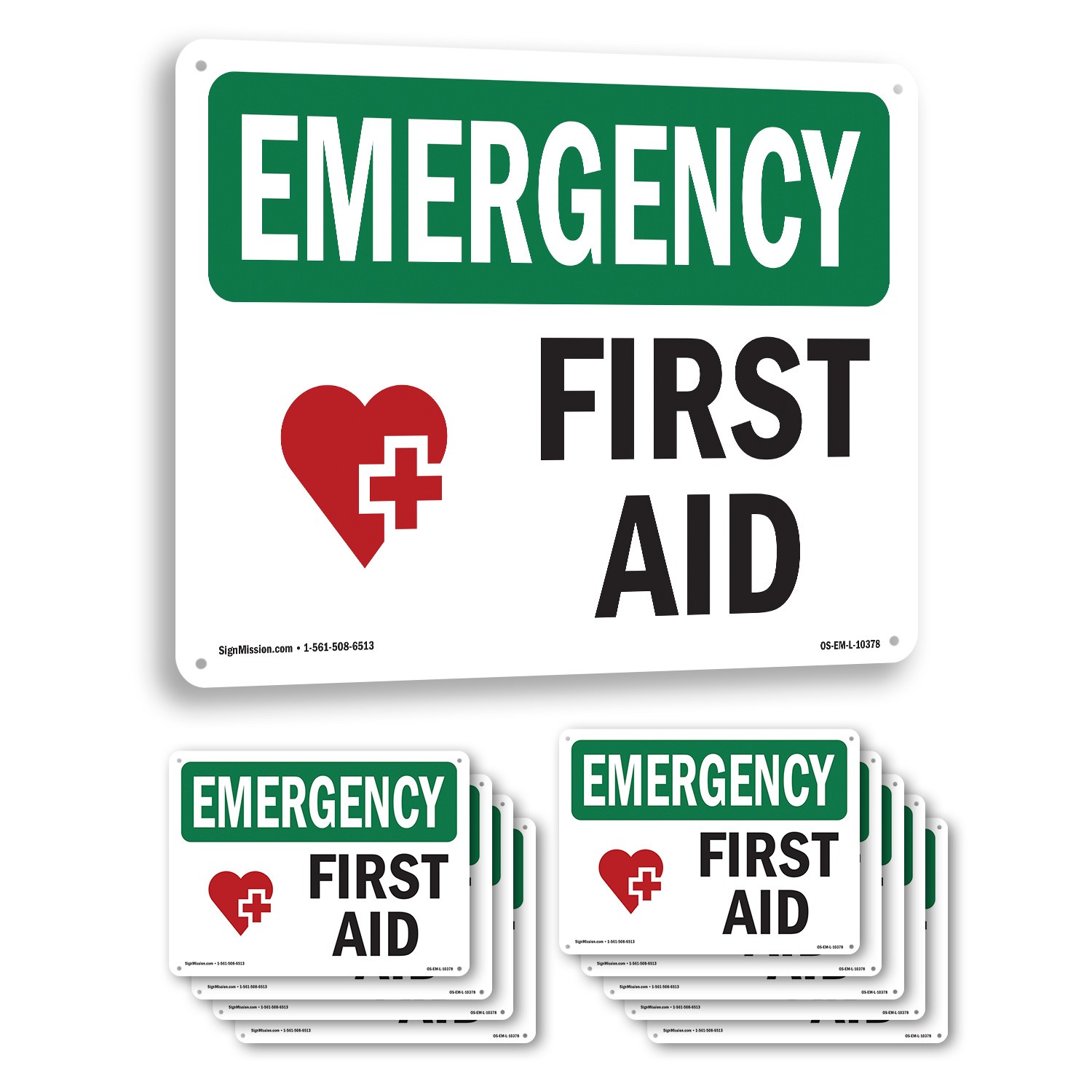 First Aid With Symbol OSHA Emergency Sign Metal, Plastic, Decal – 5 or 10 Pack