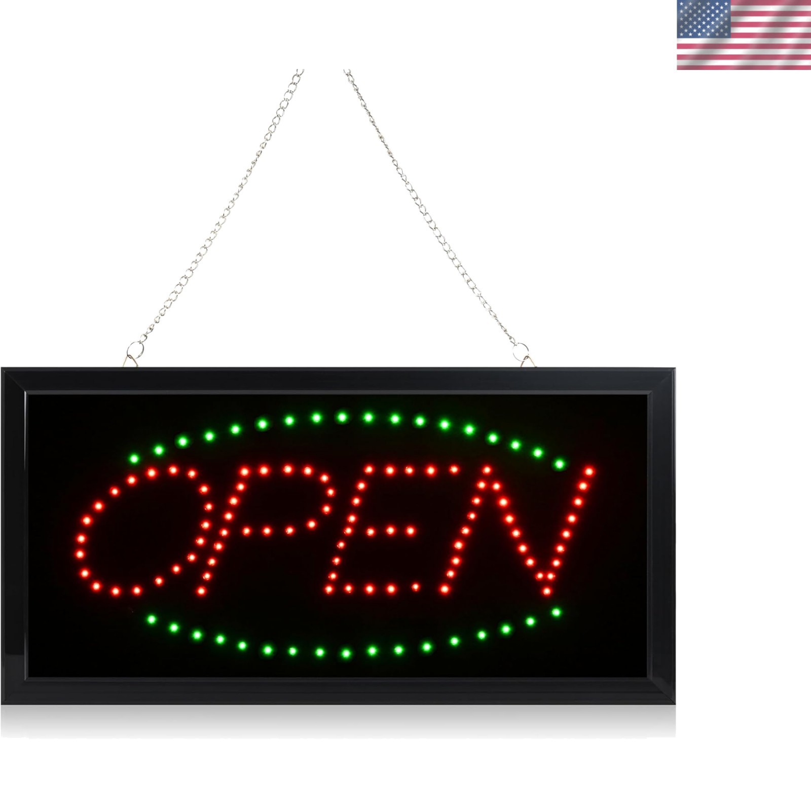 Modern Green/Red LED Neon Open Sign, 19×10 Inches with Hanging Chain Included