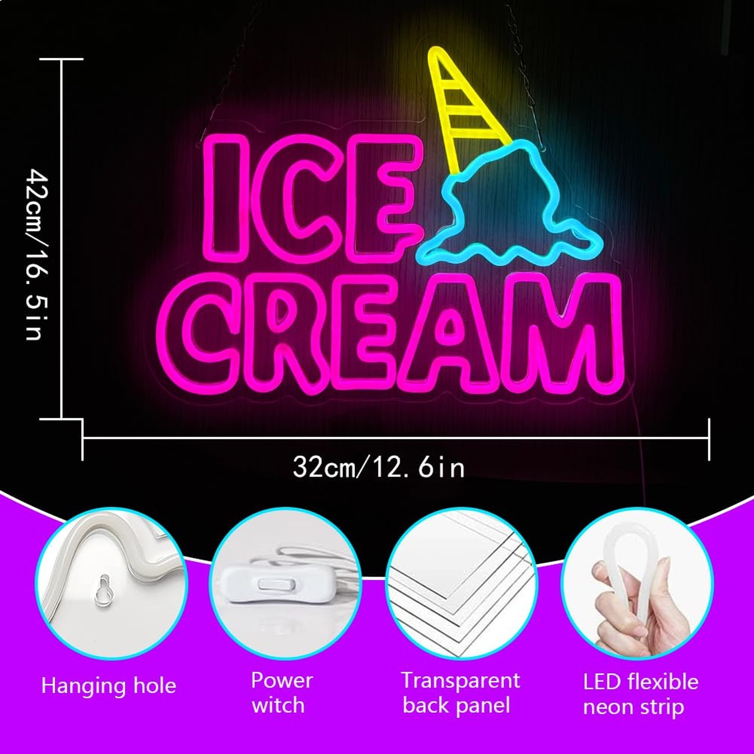 Ice Cream Neon Sign, Neon Signs for Wall Decor, Yellow Blue Pink Light Up Sig…