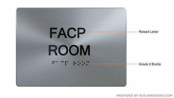 FACP Room Sign With Braille and Raised Letters (Aluminum, Silver, Size 5X7)