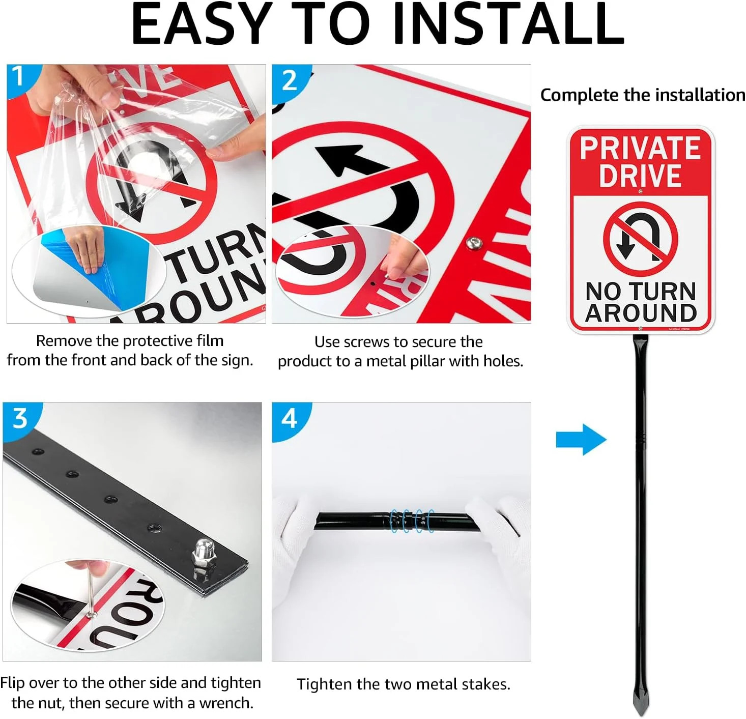 GicnKeuz Private Driveway No Turn Around Signs with 36″ Heavy Duty Metal Stakes,