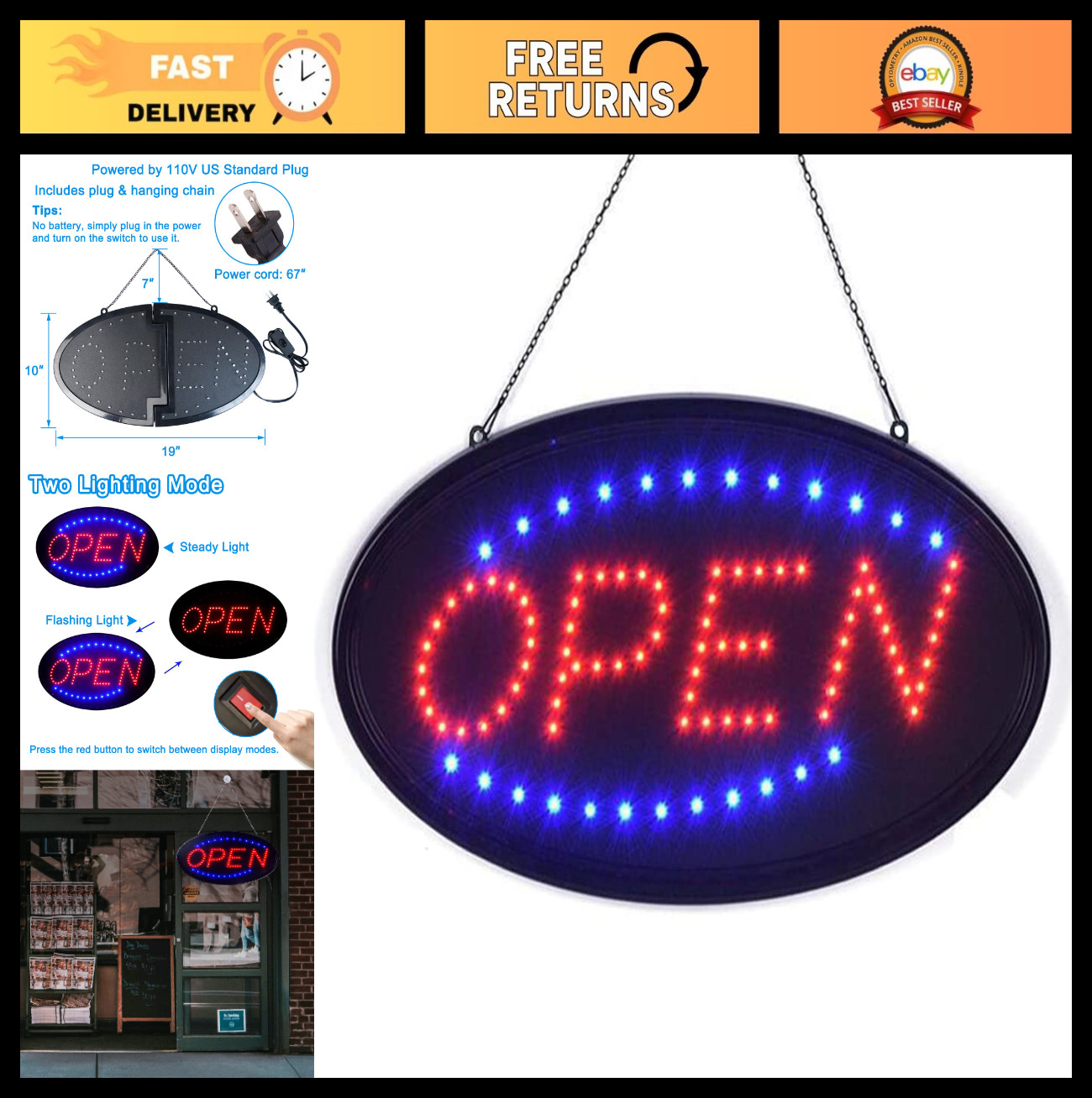 Bright LED Open Sign 19″x10″ High Visibility Electric Display for Business, Bar,