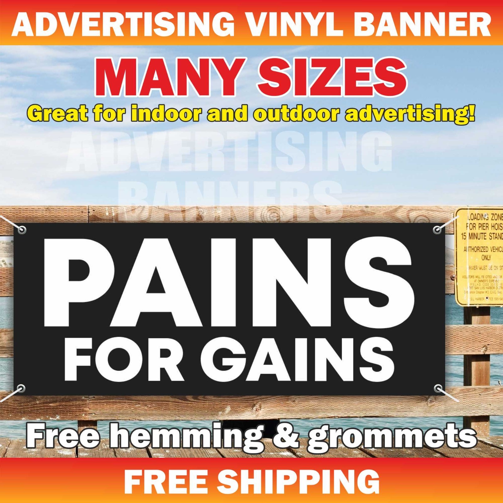 PAINS FOR GAINS Advertising Banner Vinyl Sign Motivational Poster Workout GYM