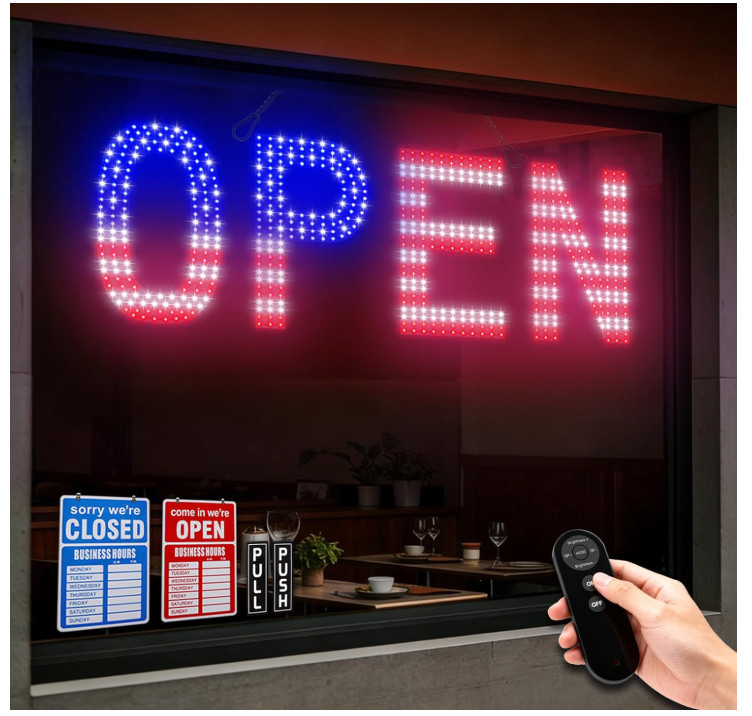 LED Open Sign 30×10 US Flag Remote 12 Modes Dimmable Shop Bar Window Light