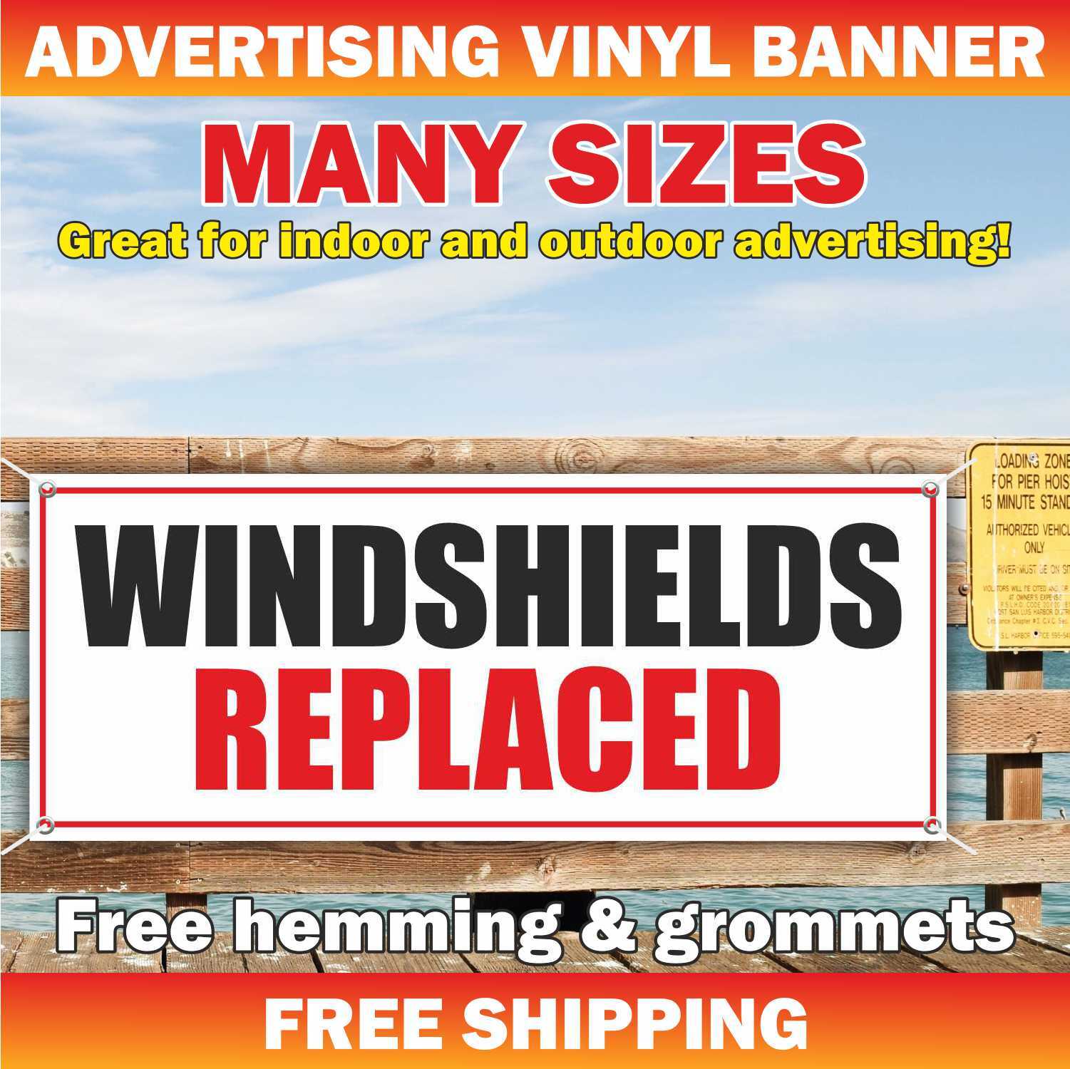 WINDSHIELDS REPLACED Advertising Banner Vinyl Mesh Sign Stone CHIP REPAIR Car