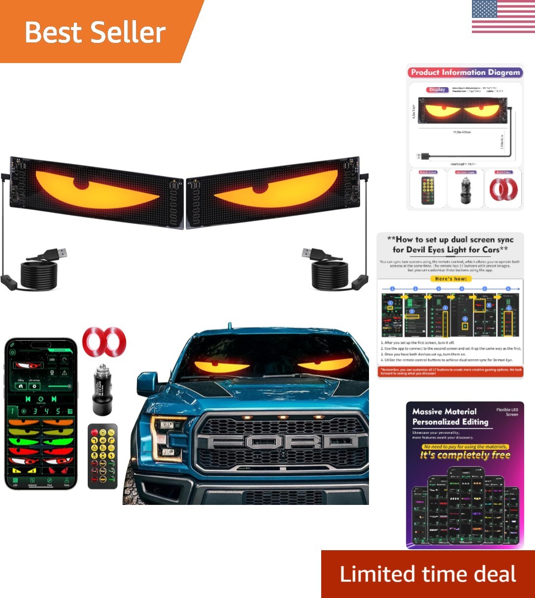 Devil’s Eye 2-Pack: Color-Changing LED Windshield Display for Cars & Trucks