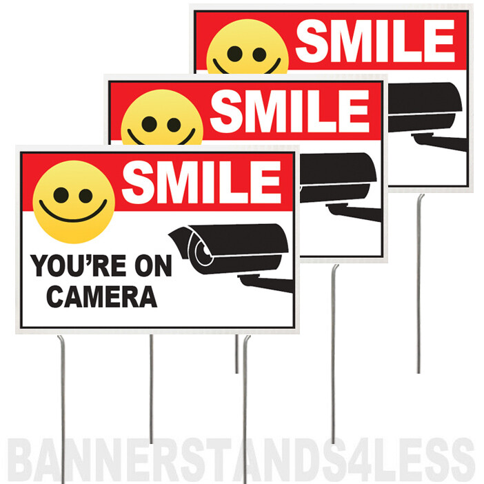 8×12 Inch SMILE YOU’RE ON CAMERA Security Yard Sign with Stake 3 PACK (Smiley)