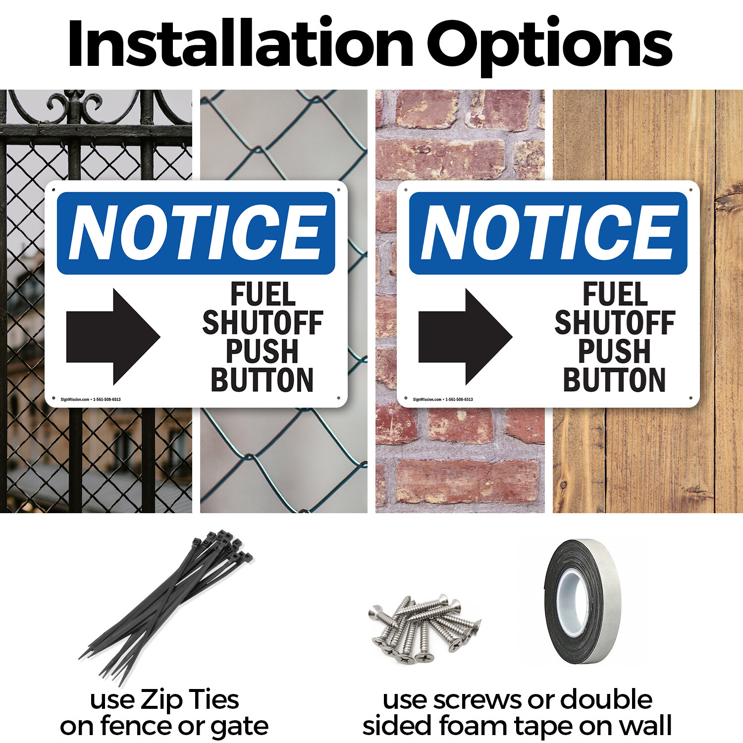 (2 Pack) Fuel Shutoff Push Button [Right Arrow] OSHA Notice Sign Decal Metal
