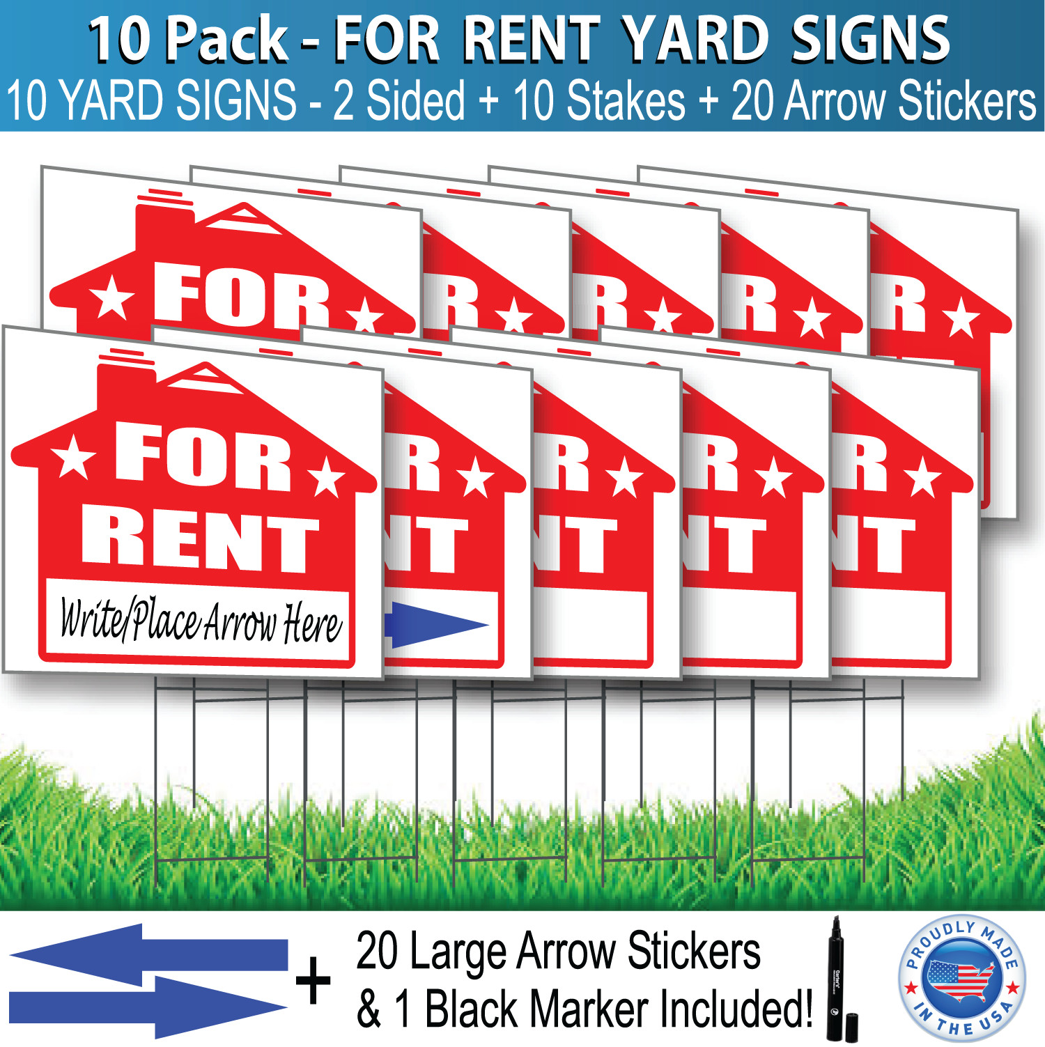 10 Pack FOR RENT SIGNS 18×24 Yard Signs Lawn Signs 2 Sided FREE SHIPPING