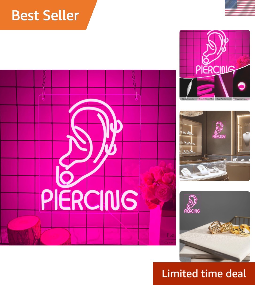 Ear Piercing Neon Sign, Cool Pink Dimmable LED Creative Ear Earring Neon Ligh…