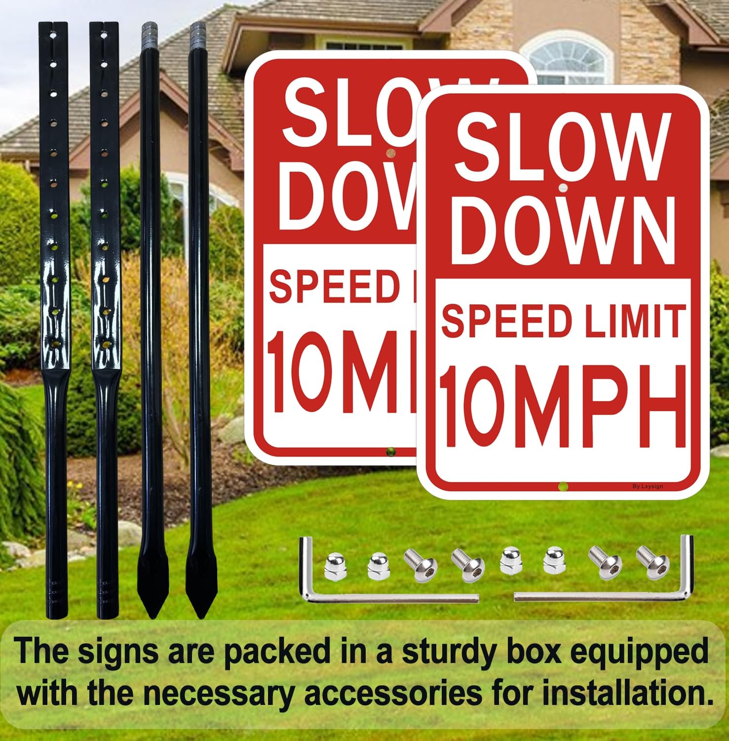 2 PCS 14×10 Inch Slow Down 10 MPH Sign 36 Inch Metal Stakes Reflective Alum