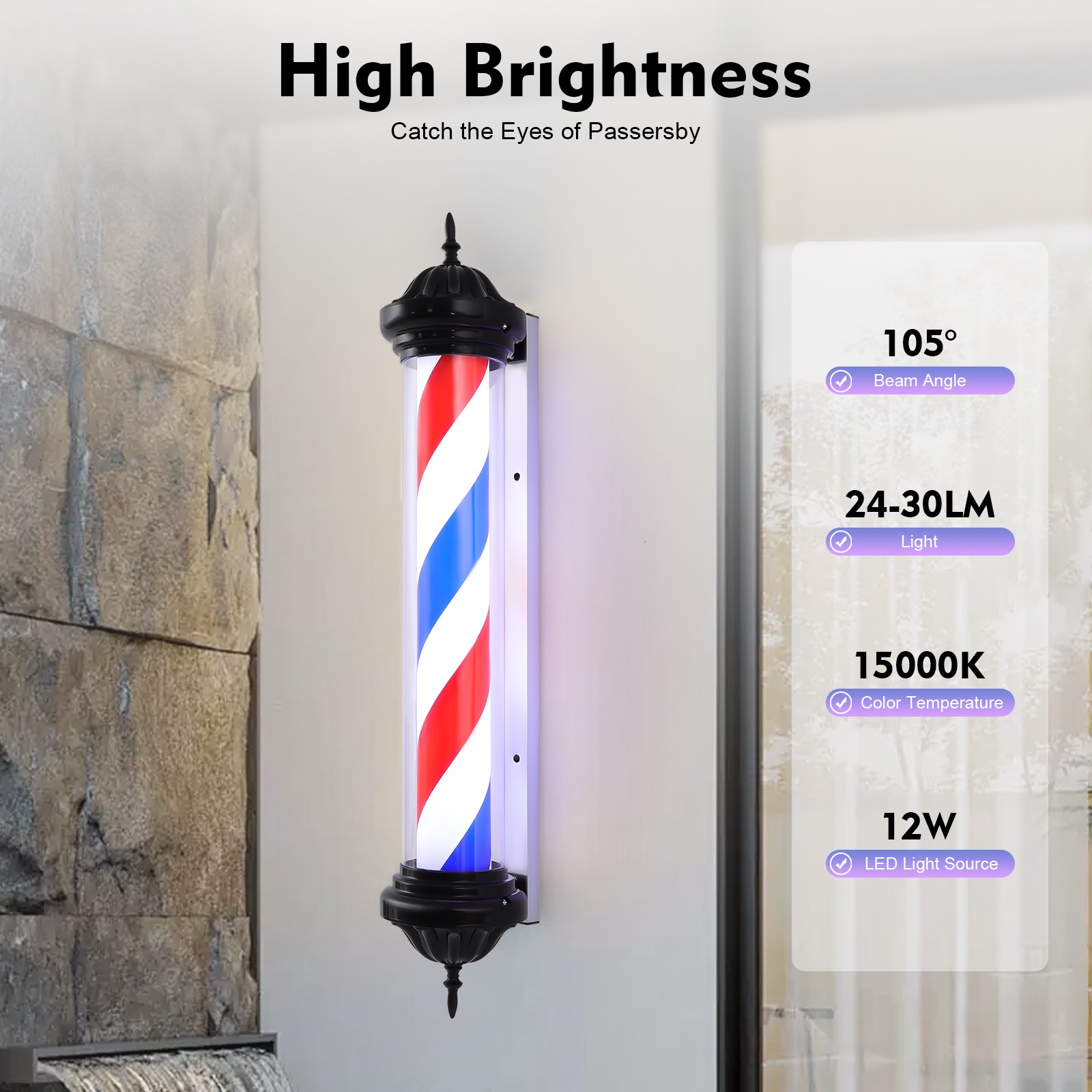 40″ Outdoor Barber Shop Pole Rotating Light Hair Salon Sign Illuminated Light