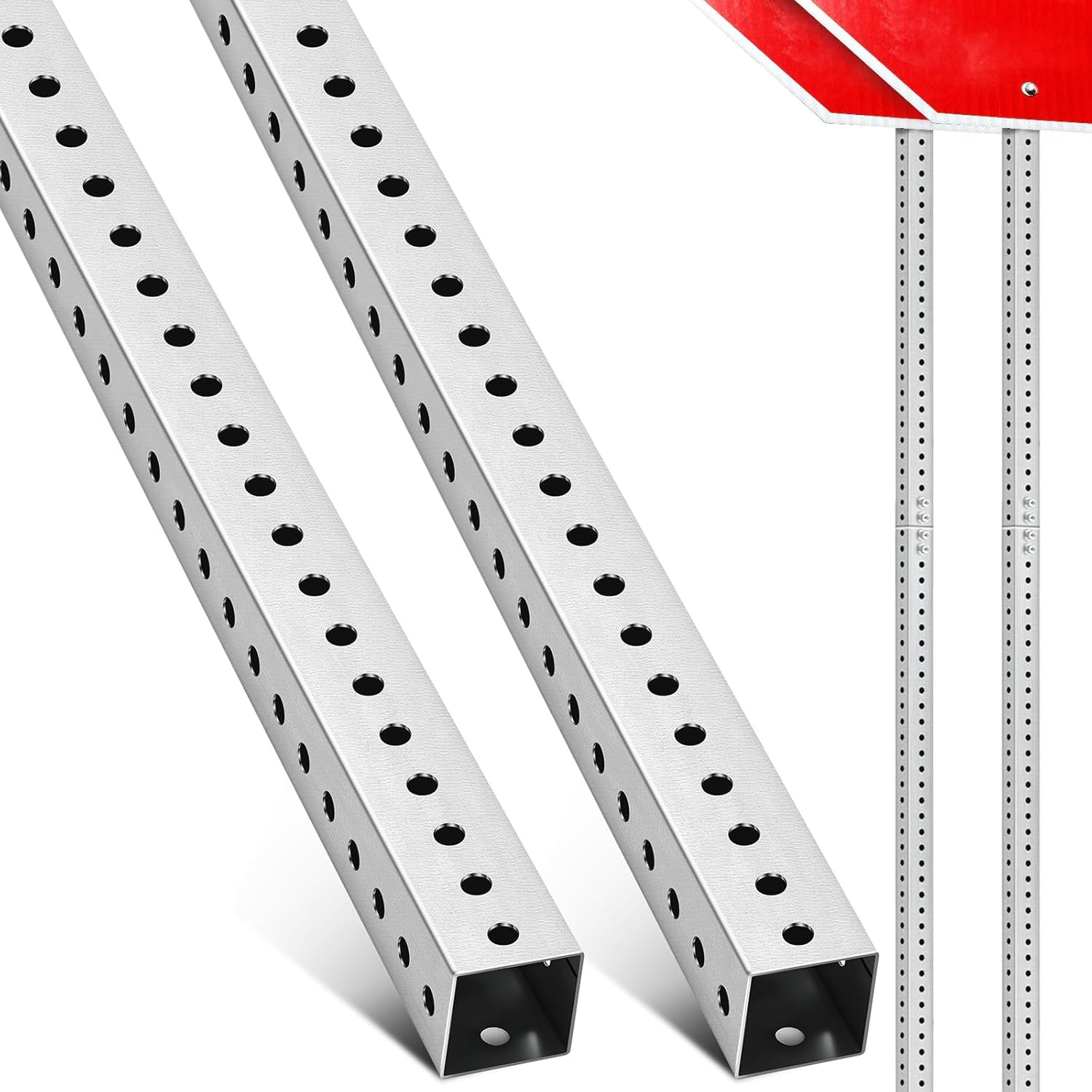 2 Pcs 8 Ft H X 2 in W Square Sign Post with 7/16” Dia Mounting Holes Galvanized