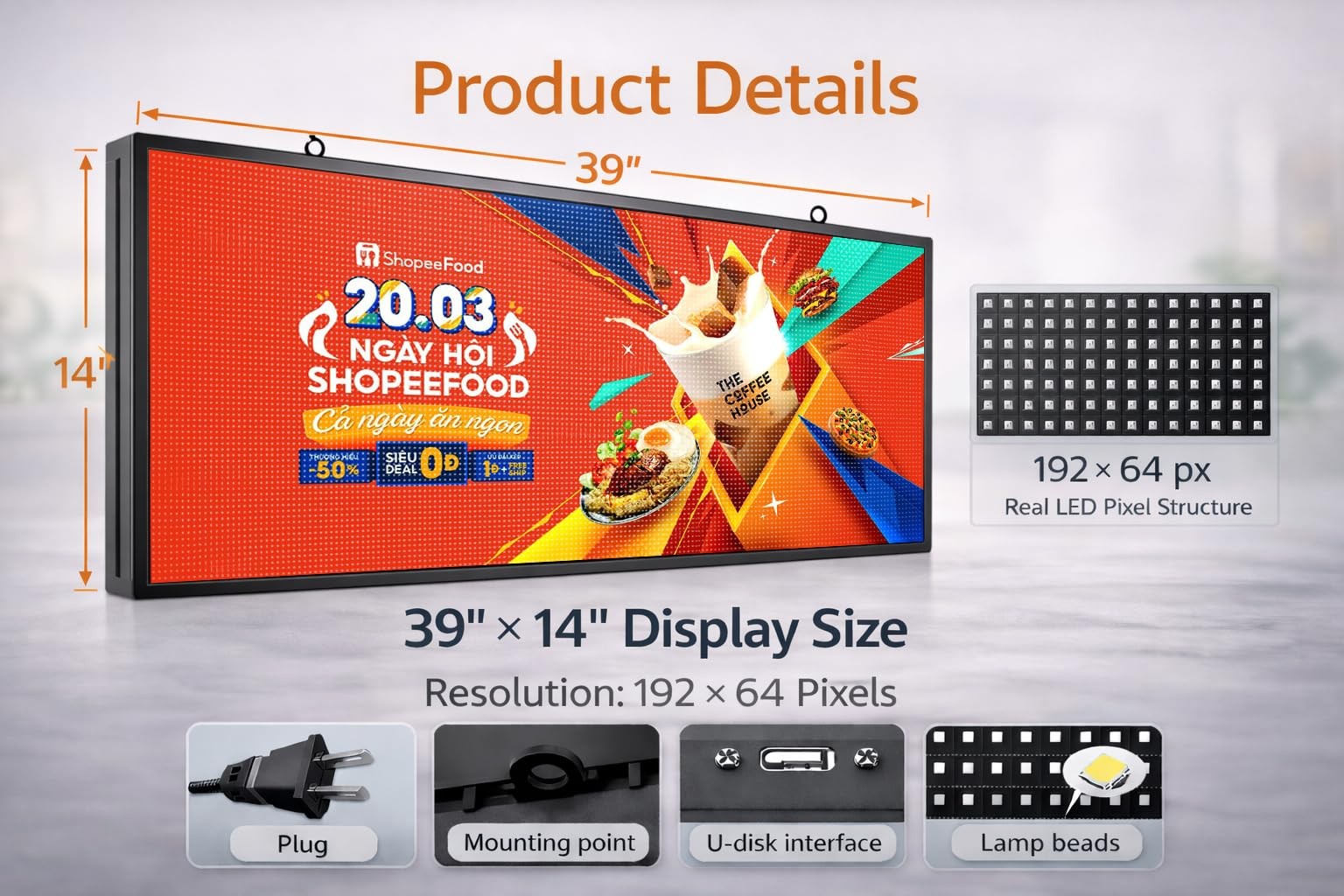 P5 Outdoor LED Advertising Sign 39″x14″ Full Color Programmable Digital Display,