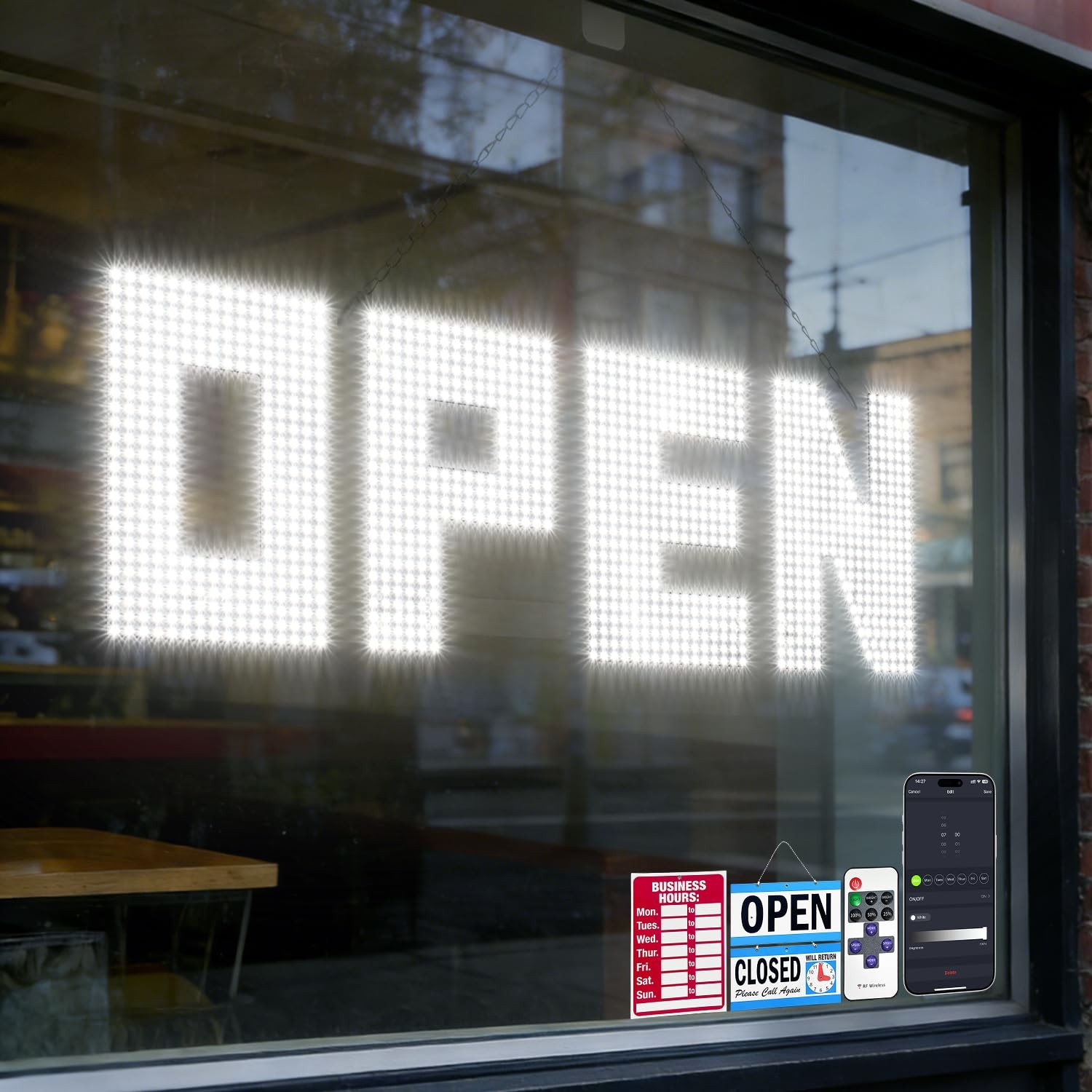 Large 43″x14″ Dimmable LED Open Sign for Retail Shops & Cafes