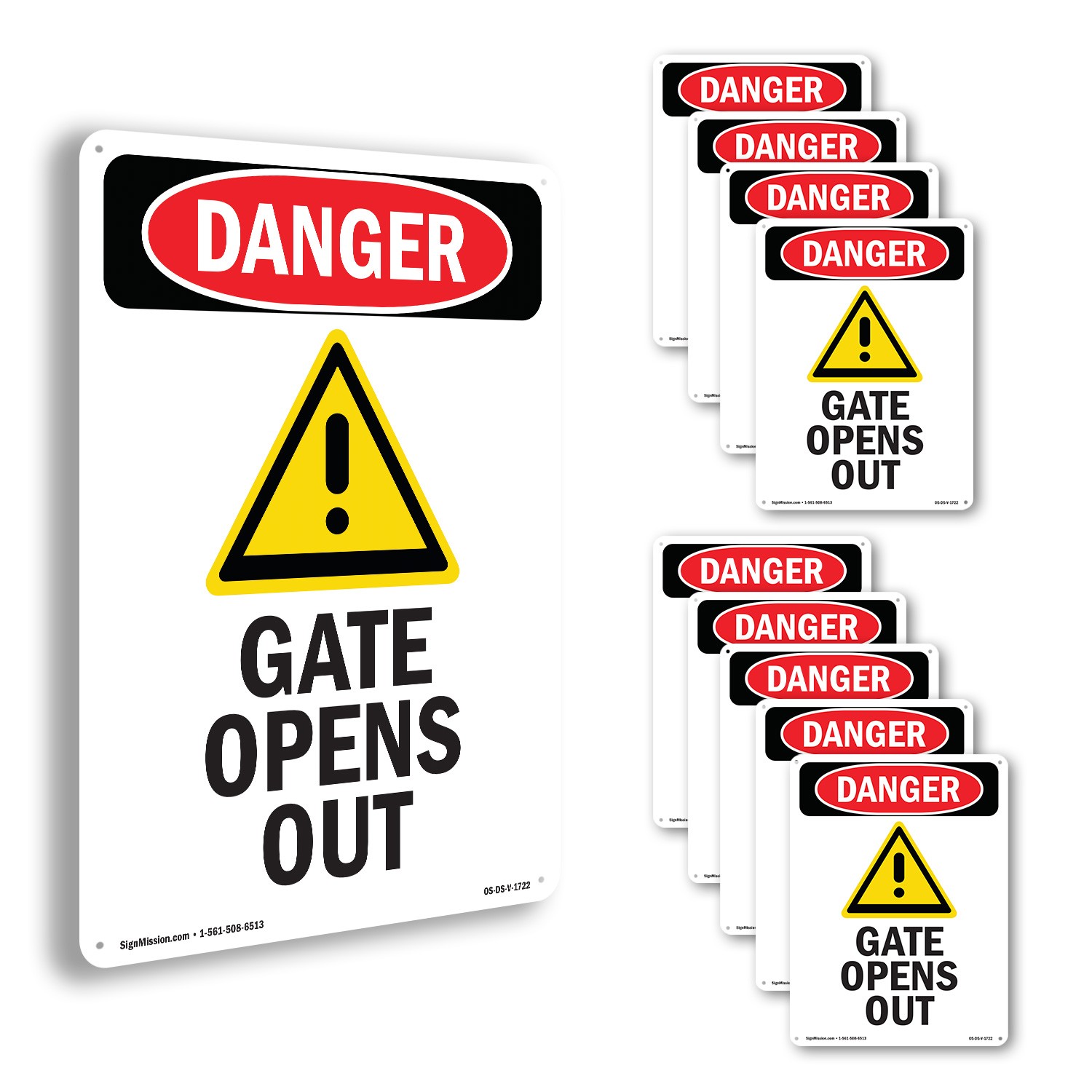 Gate Opens Out OSHA Danger Sign Metal, Plastic, Or Decal – 5 or 10 Pack