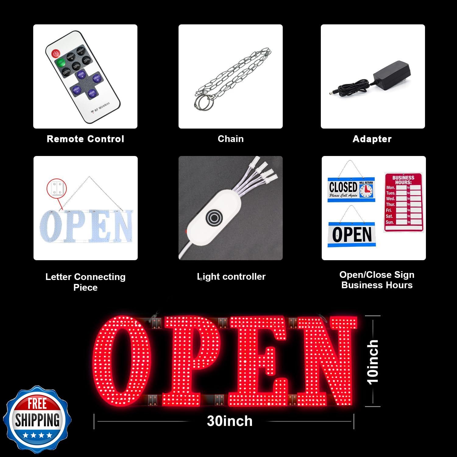 30″ x 10″ Large LED Open Signs with Remote Control 14 Modes Dimmable Open Sig