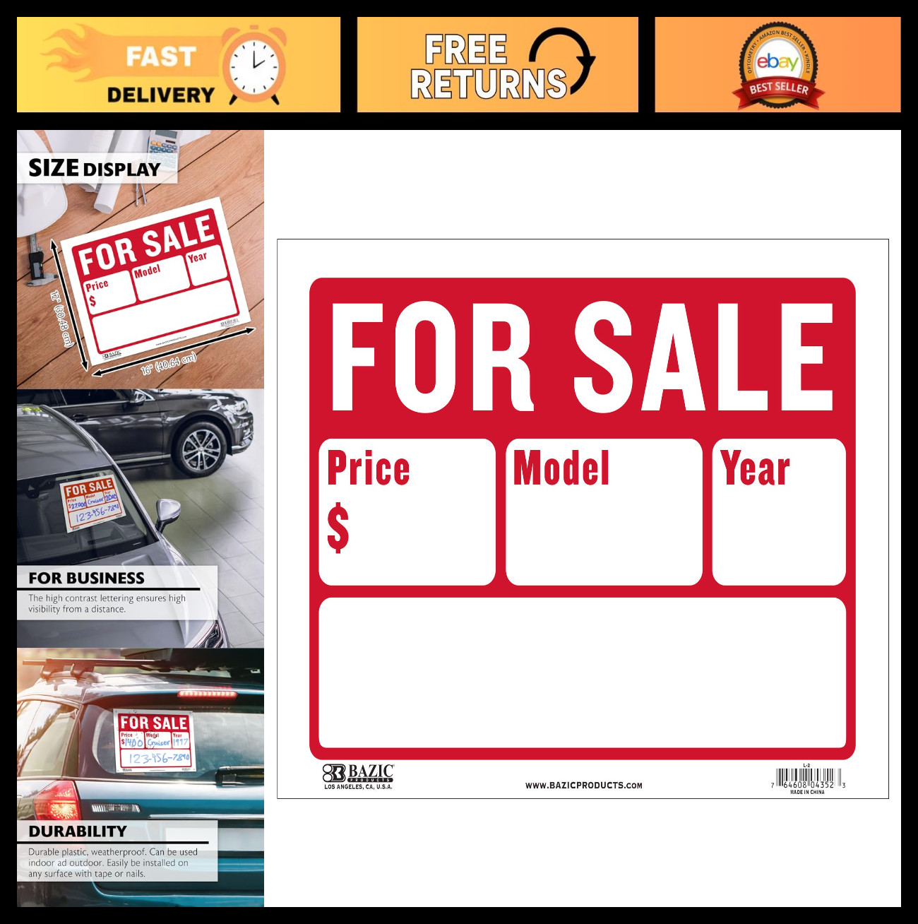 12″x16″ For Sale Sign – Car Auto Sales, 2-Line Model Year & Phone Number, High V