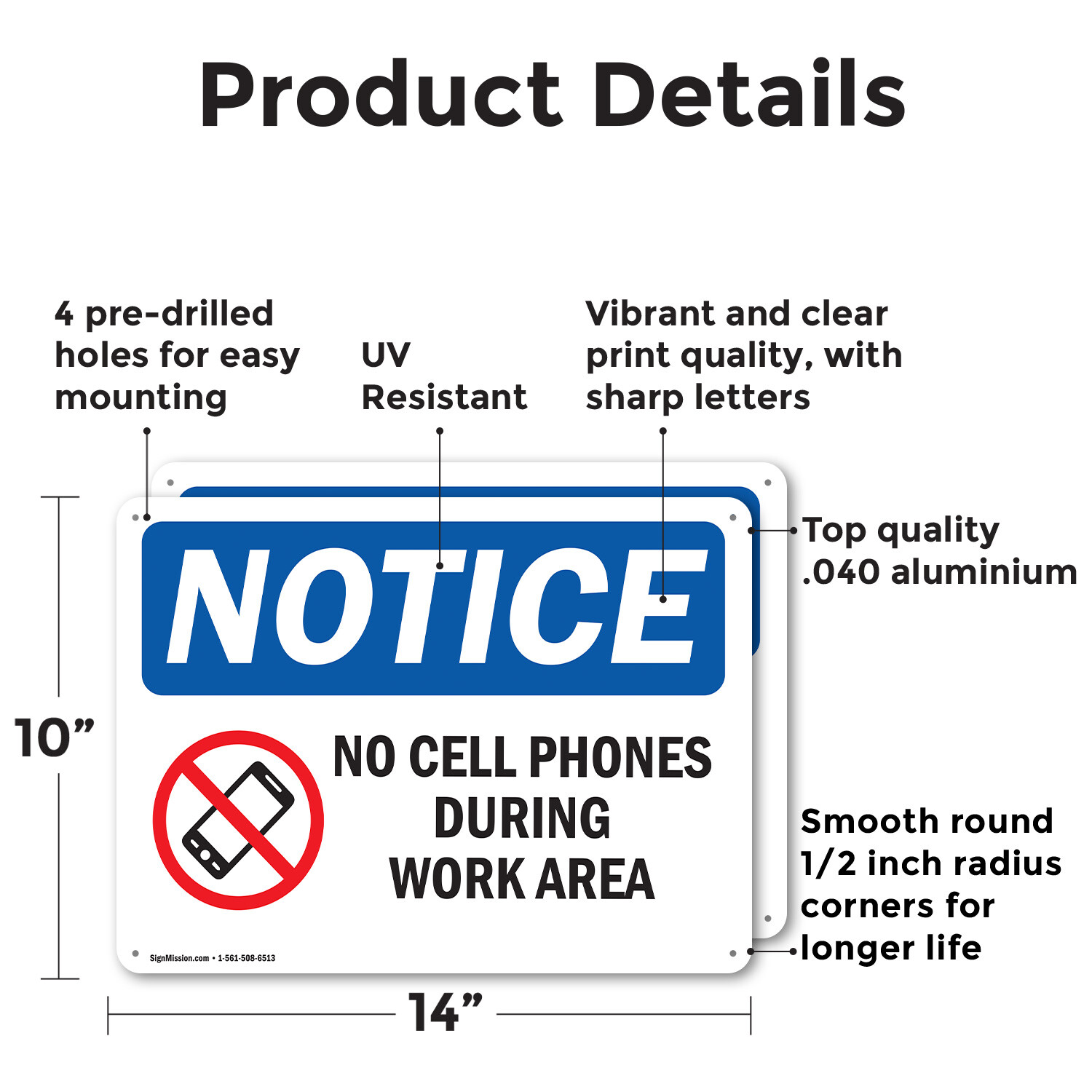 (2 Pack) No Cell Phones During Work Hours OSHA Notice Sign Decal Metal Plastic