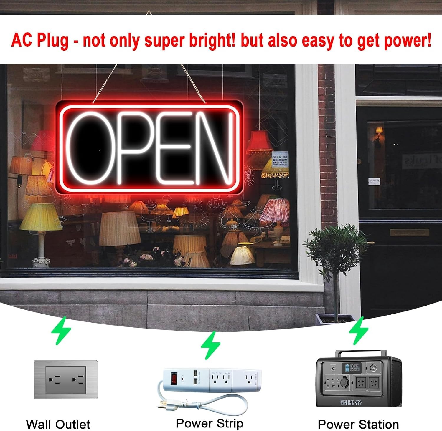 NEW 22×11 LED Neon Open Sign Plug In Light w ON OFF Switch Black Backplate