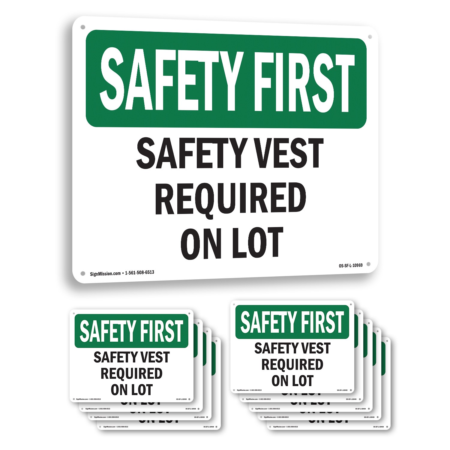 Safety Vest Required On Lot OSHA SAFETY FIRST Sign Metal, Decal – 5 or 10 Pack