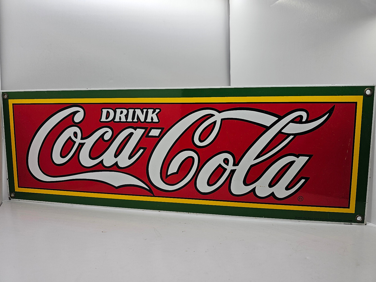 Vintage 1989 Coca Cola Porcelain Advertising Sign Classic Red & Green 18″ x 6″