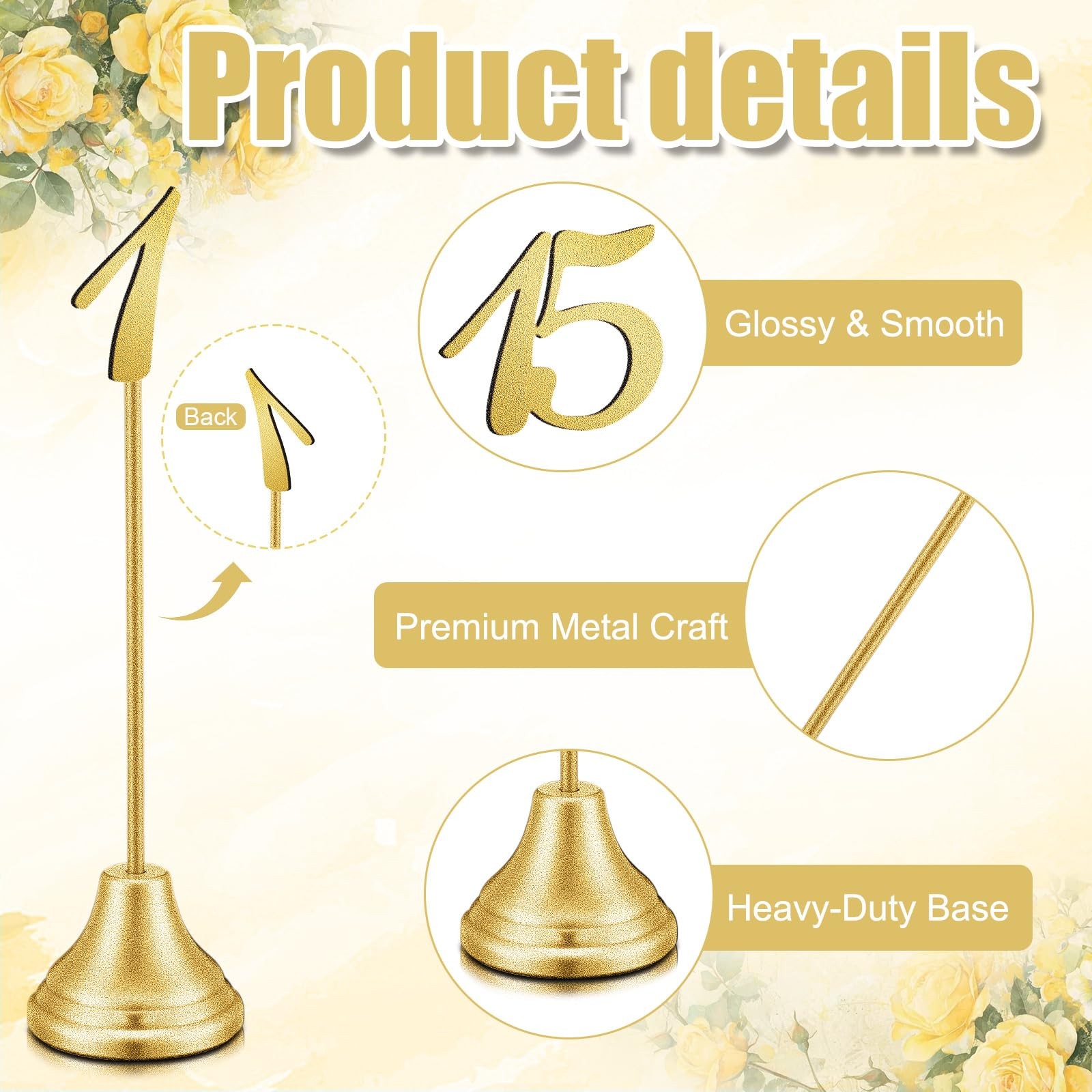 15 PCS 1-15 Gold Metal Table Numbers Weighted Base 8 Inch Stands Reception
