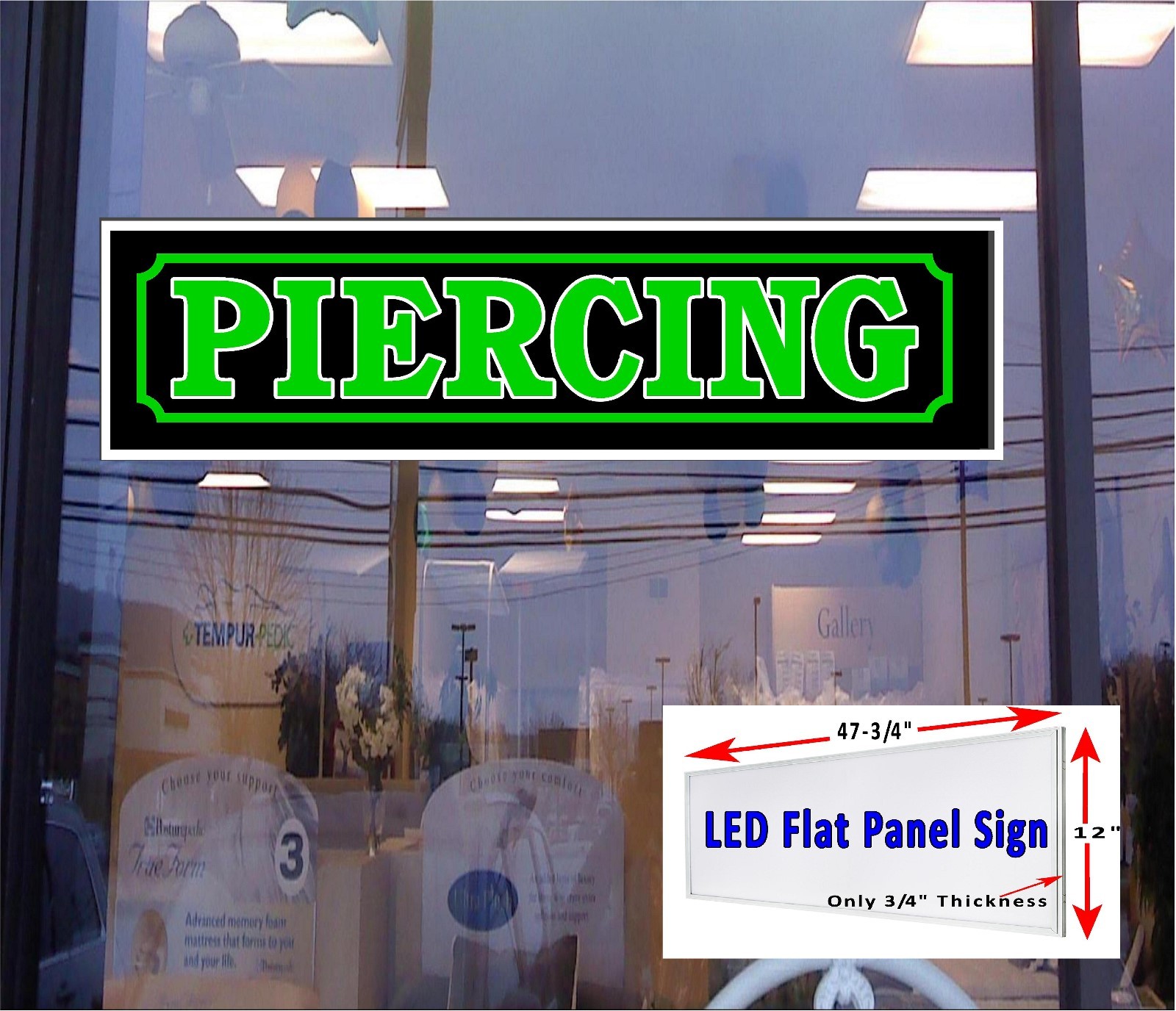 PIERCING Led light box window sign 48″ x 12″ Green