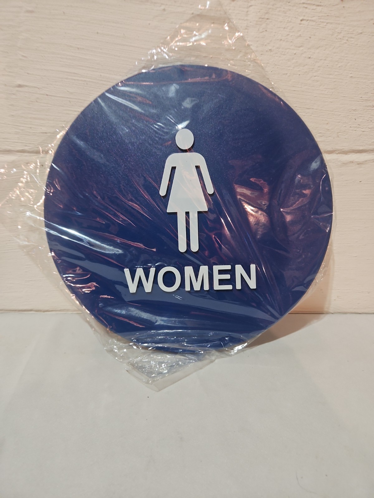 Female Accessible Restroom Sign, Blue and White, 12″ Dia.