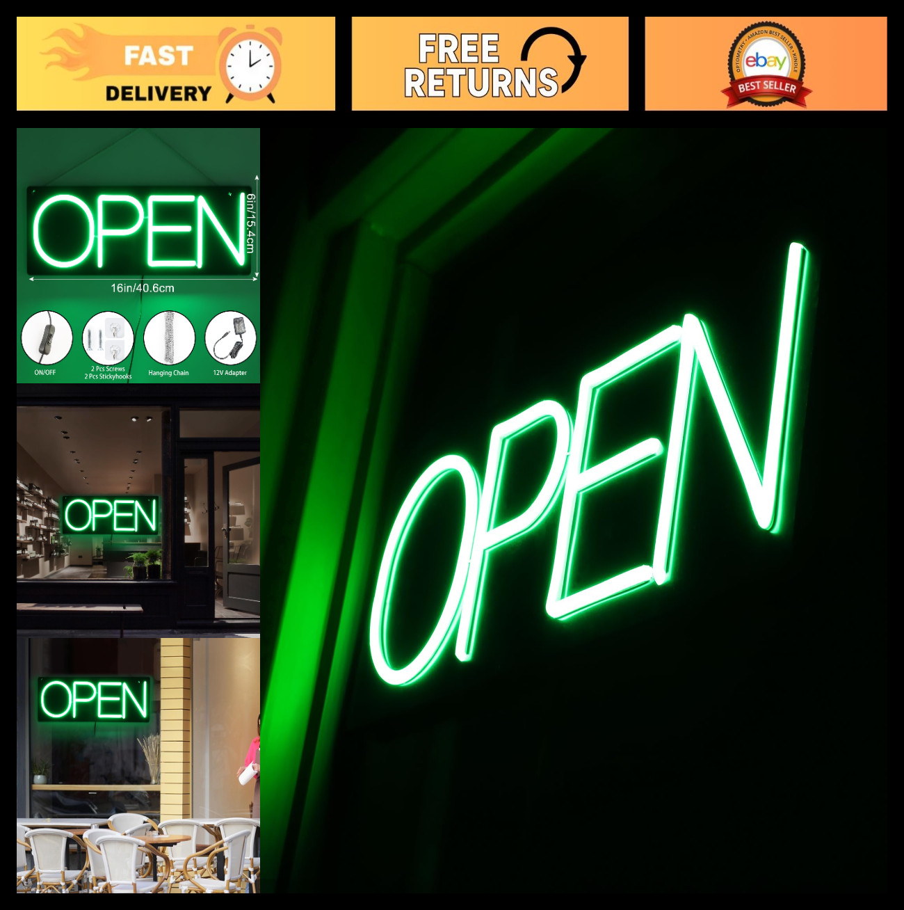 Ultra Bright 16″ LED Neon Open Sign – Light Up Electric Sign for Storefront, Bar