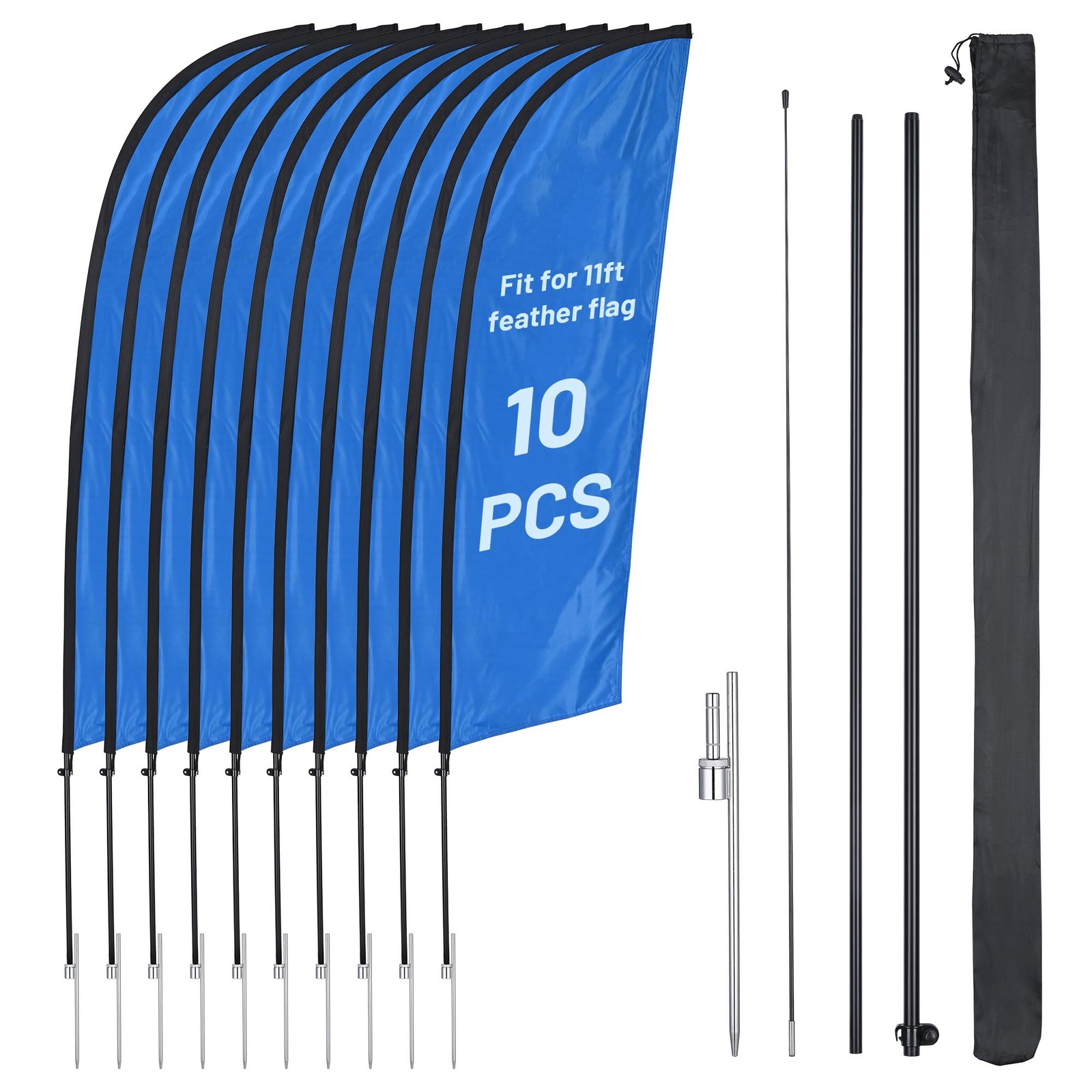 InstaHibit 10 Pack 11ft Feather Flag Pole Kit with 20″ Ground Spike Flag Base