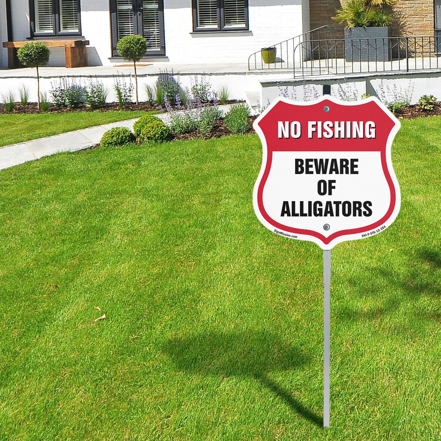 No Fishing Shield Sign Beware Of Alligators Shield Shaped Sign With Stake