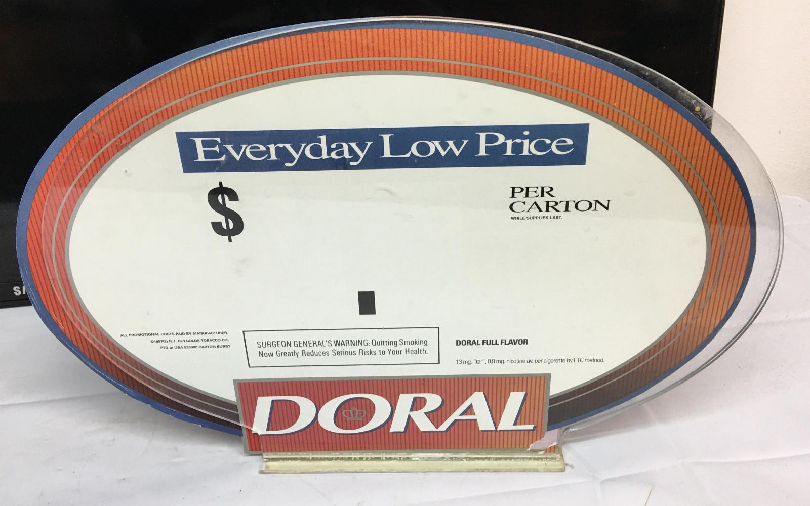 Doral Cigarettes Oval Acrylic Counter Top Sign 14 x 10 vintage display topper