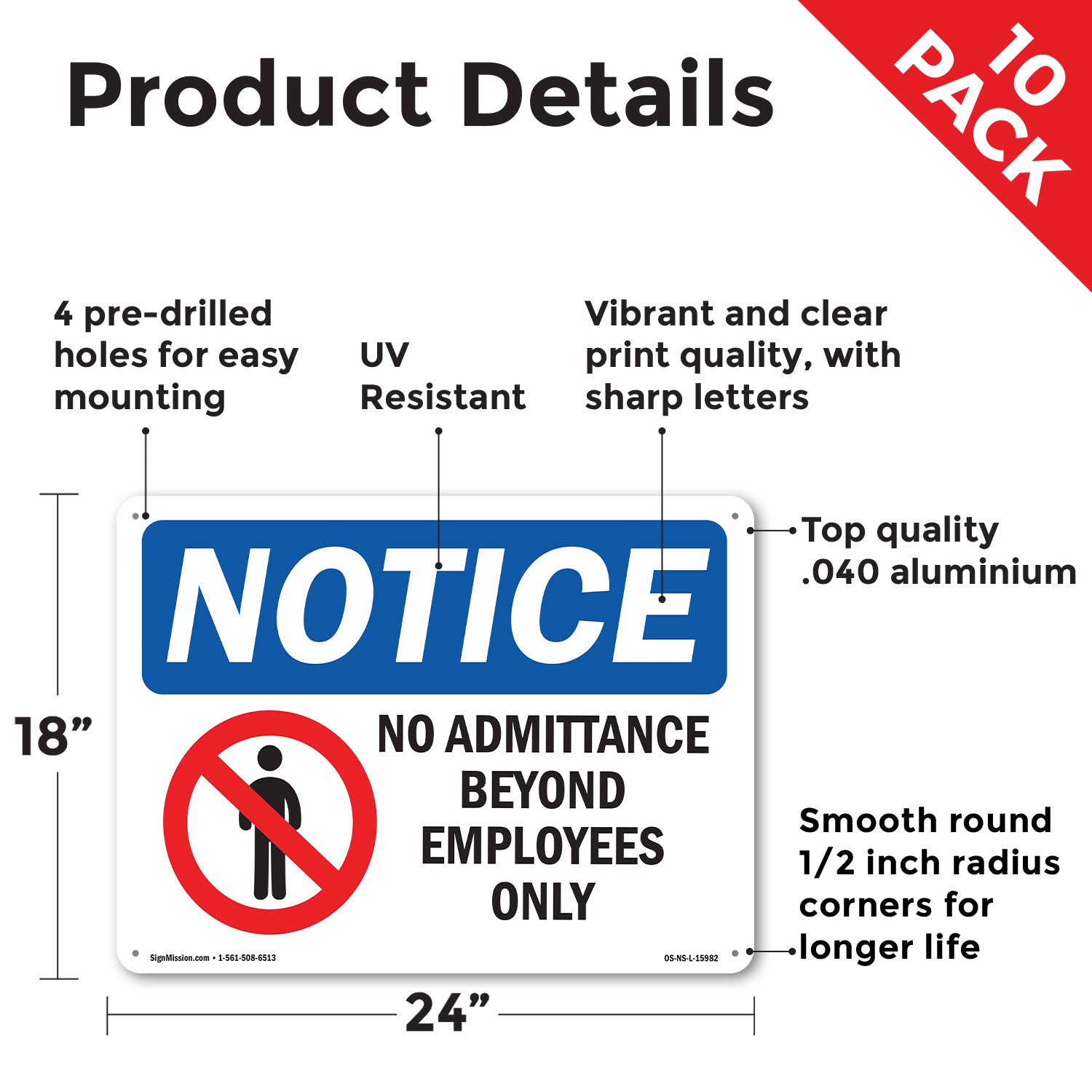 No Admittance Employees Only OSHA Notice Sign Metal, Plastic, Decal 5 or 10 Pack