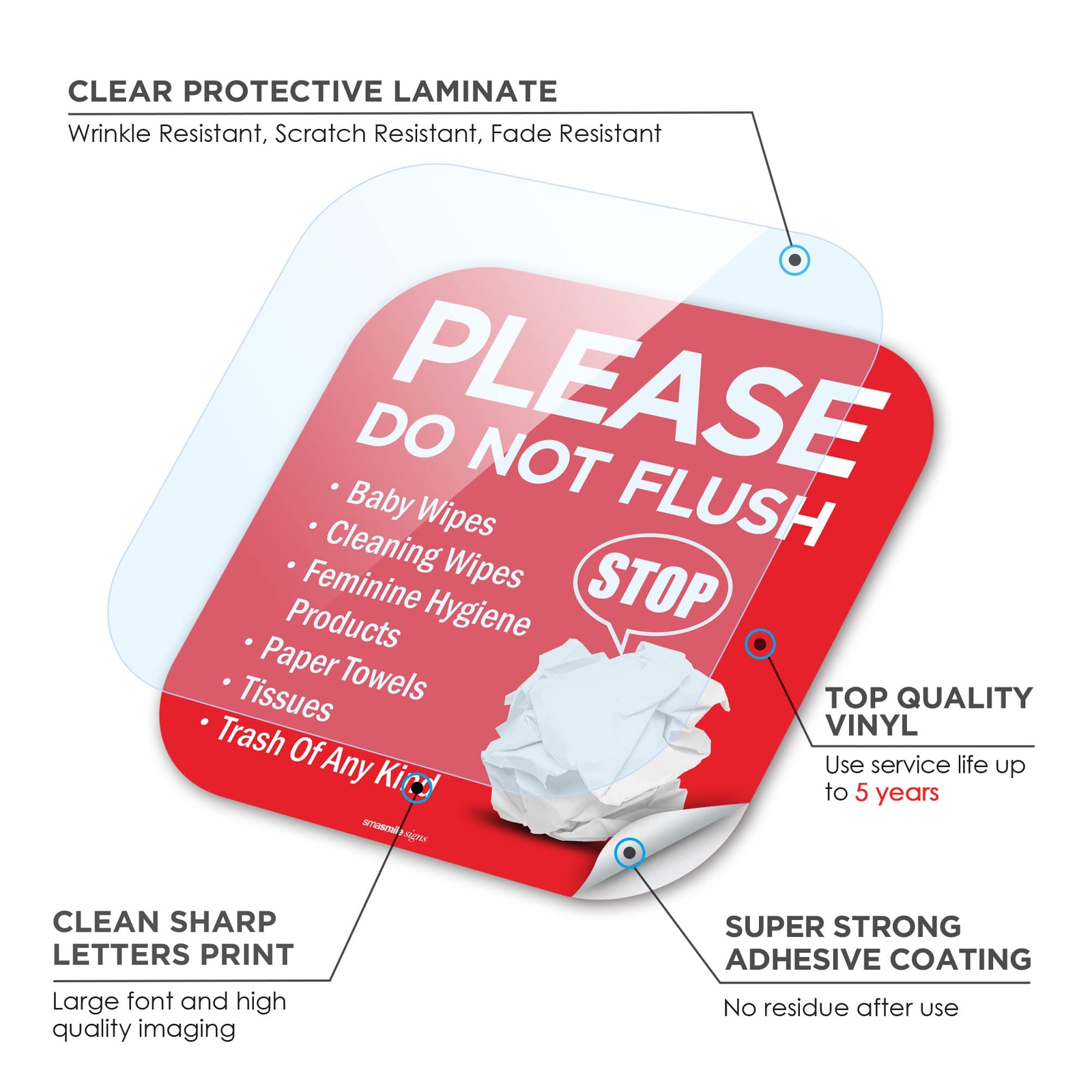 10 Pack 6×6 Inch Please Do Not Flush Bathroom Sign Self Adhesive Restroom Sign