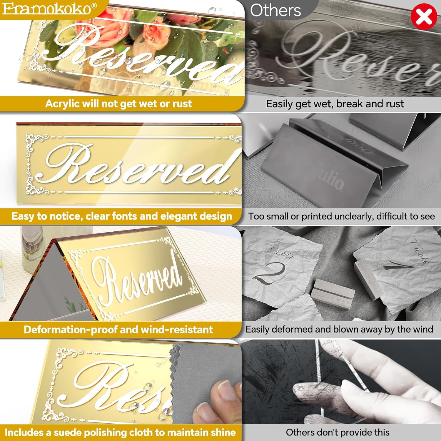 12 Pcs Mirrored Gold Reserved Table Signs, 6″ X 2″ Double-Sided Table Tent Sign